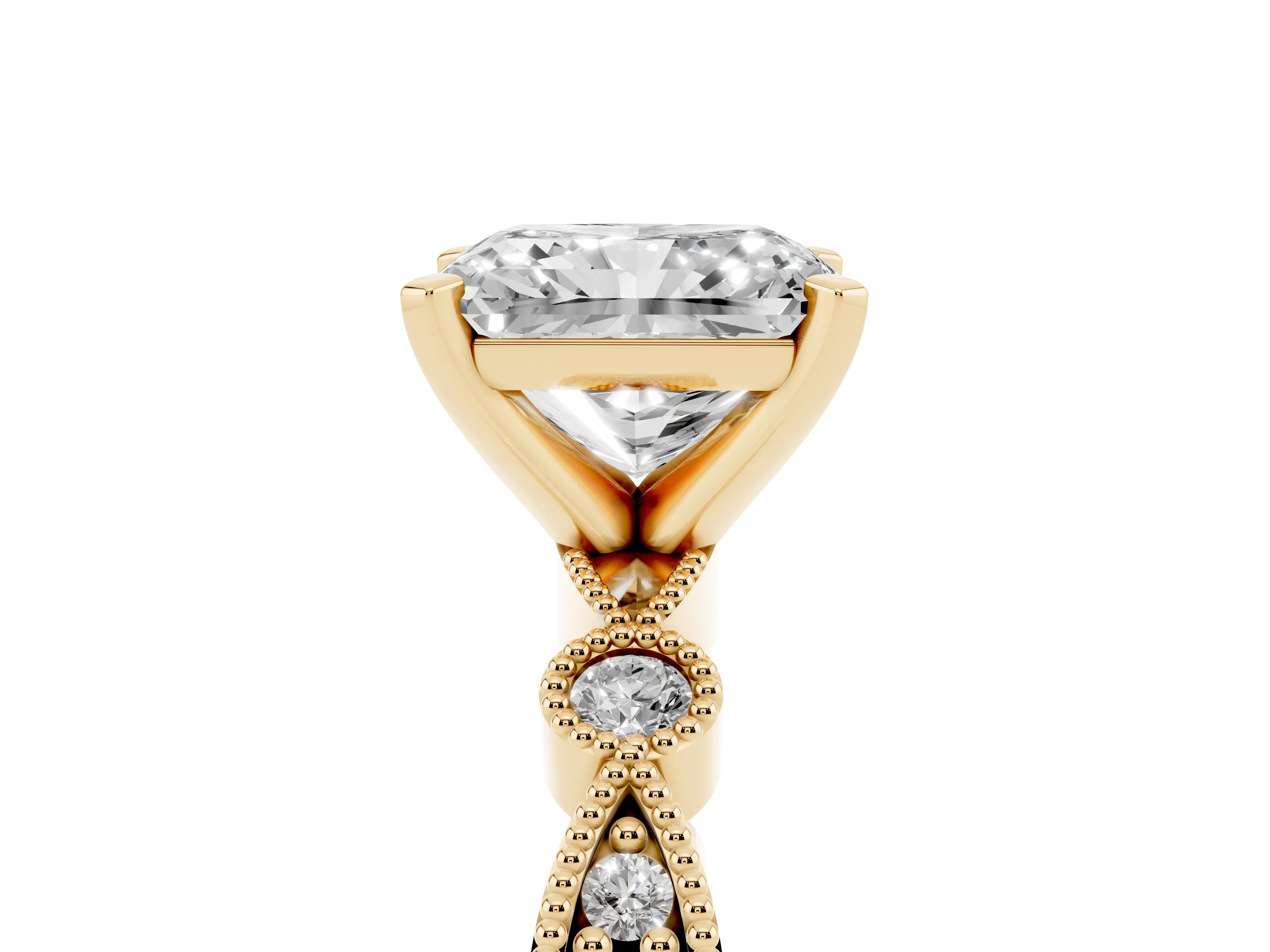 Radiant Cut Diamond Solitaire Engagement Ring Set in Yellow gold with Milgrain Bezel Accent Band