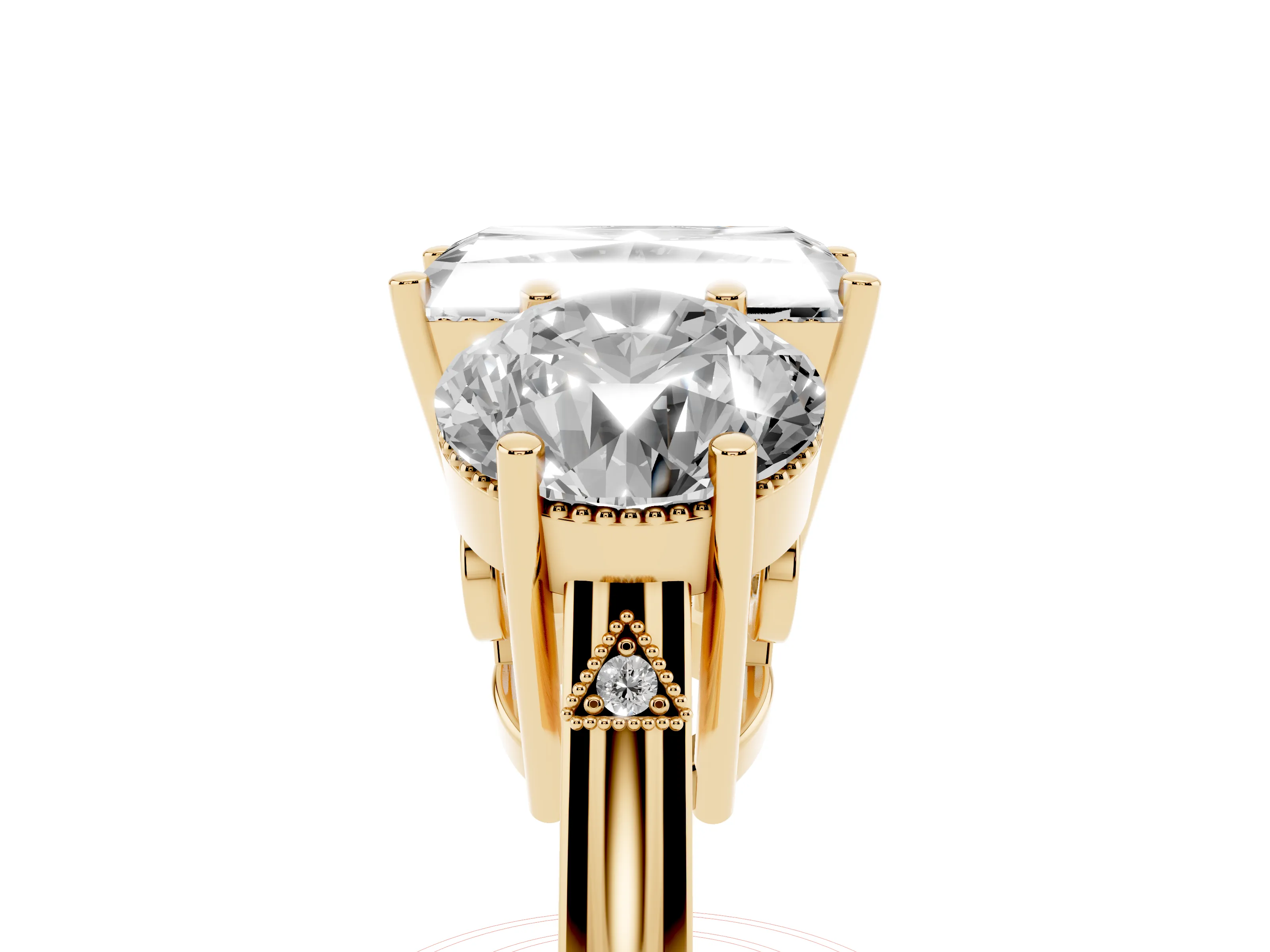 Radiant Cut Diamond Three-Stone Engagement Ring Set in Yellow gold with Polished Band