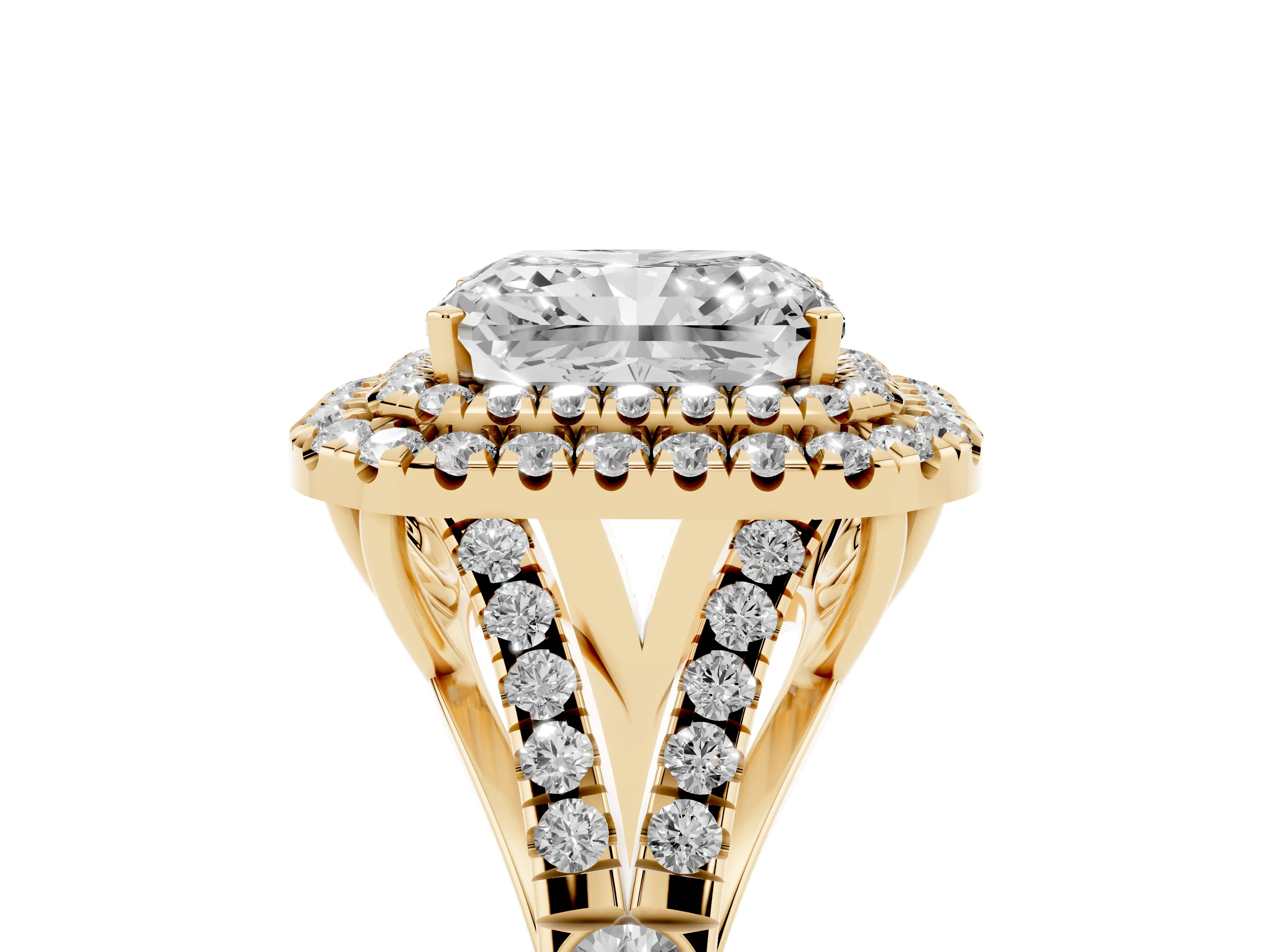Radiant Cut Diamond Pavé Split Shank Double Halo Engagement Ring Set in Yellow gold