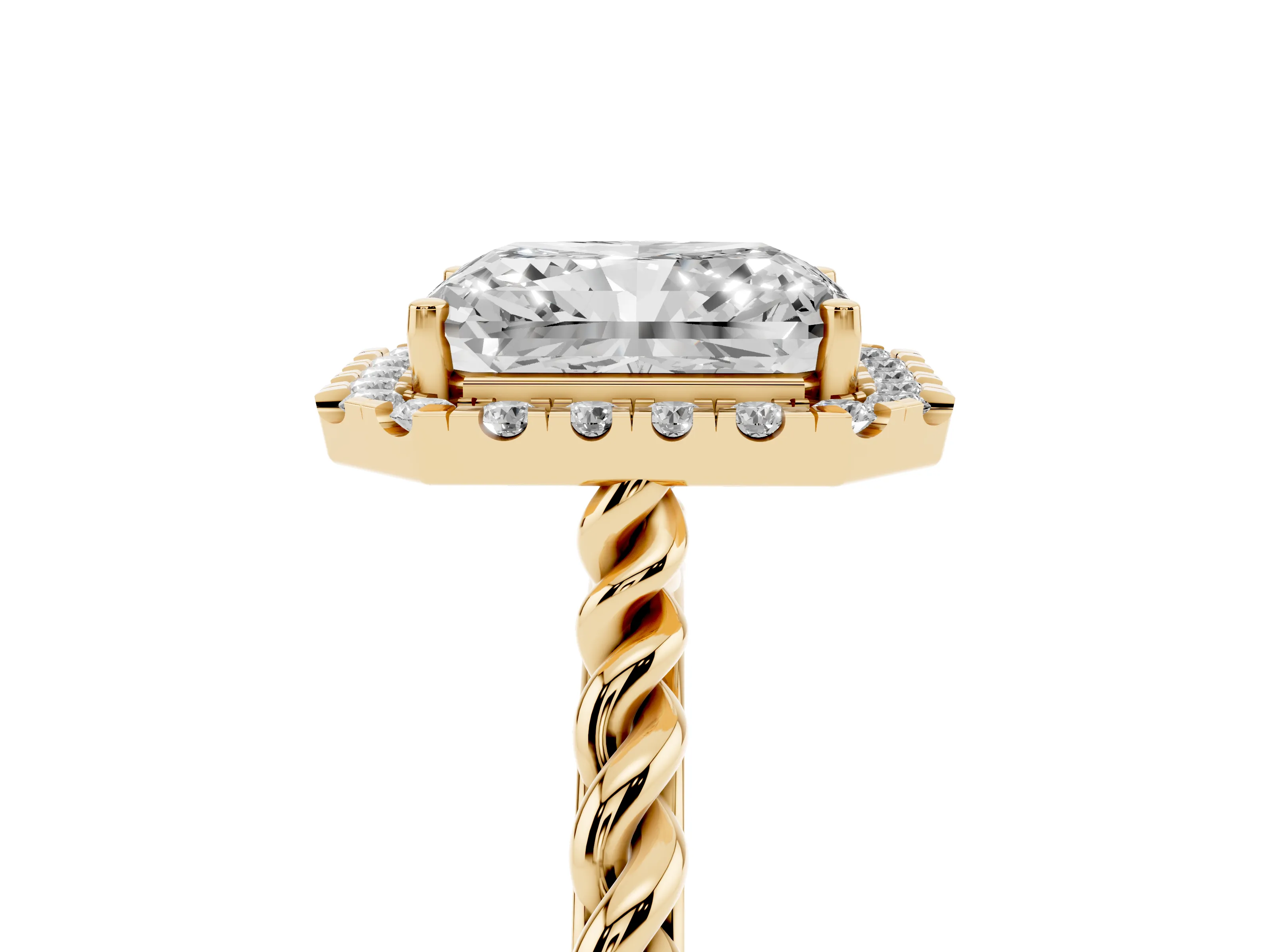 Radiant Cut Diamond Halo Ring Set in Yellow gold with Plain Twisted Band
