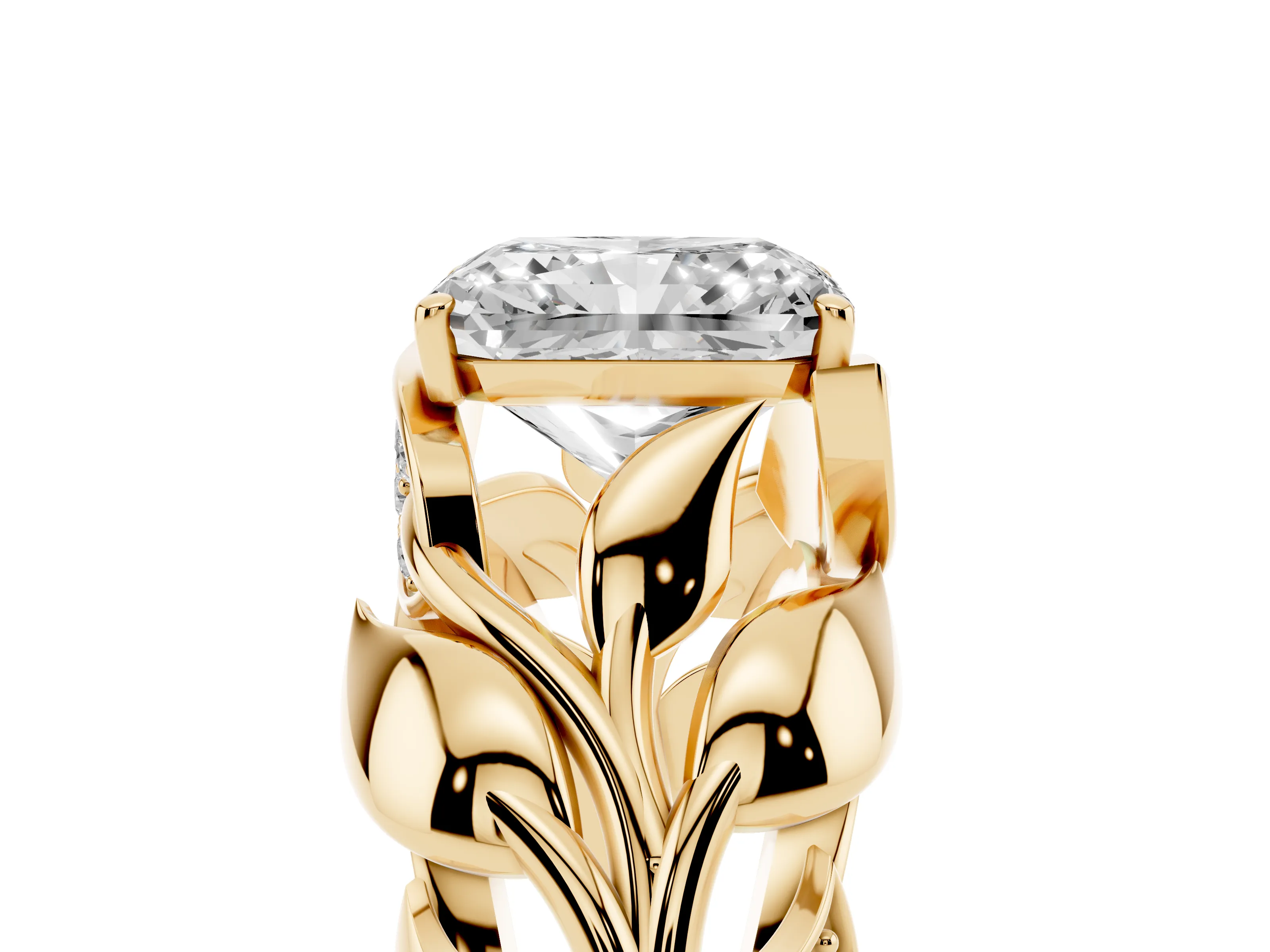 Radiant Cut Diamond Leaf-Inspired Engagement Ring Set in Yellow gold with Round Accents