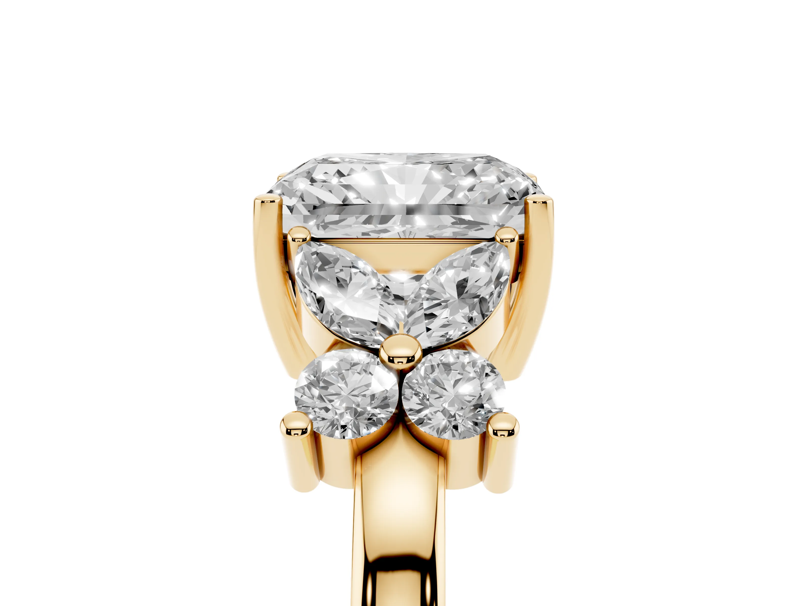 Radiant Cut Diamond Floral Cluster Ring Set in Yellow gold with Marquise Petals and Prong Setting