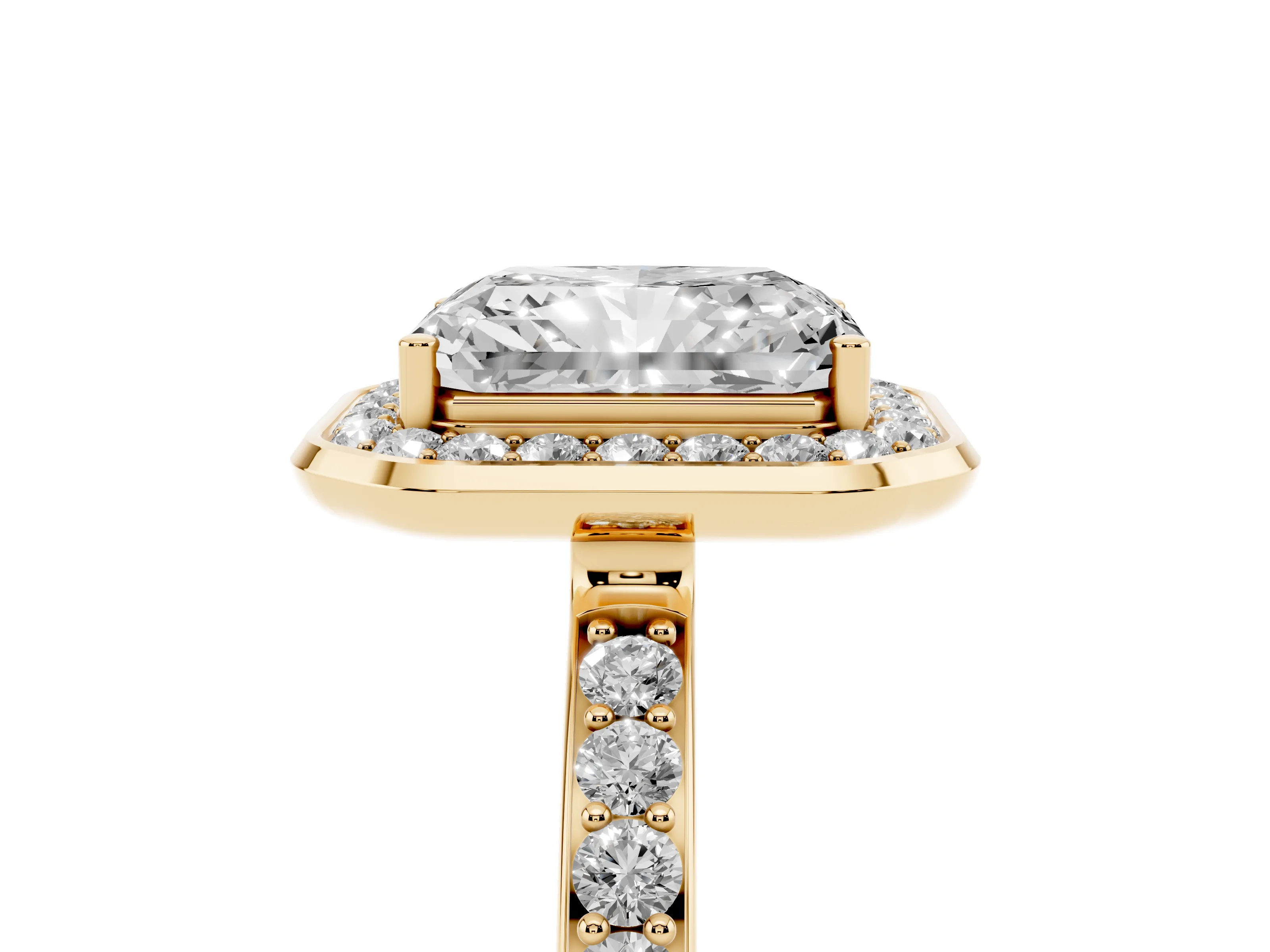 Radiant Cut Diamond Halo Ring Set in Yellow gold with Bezel Frame and Pavé Band