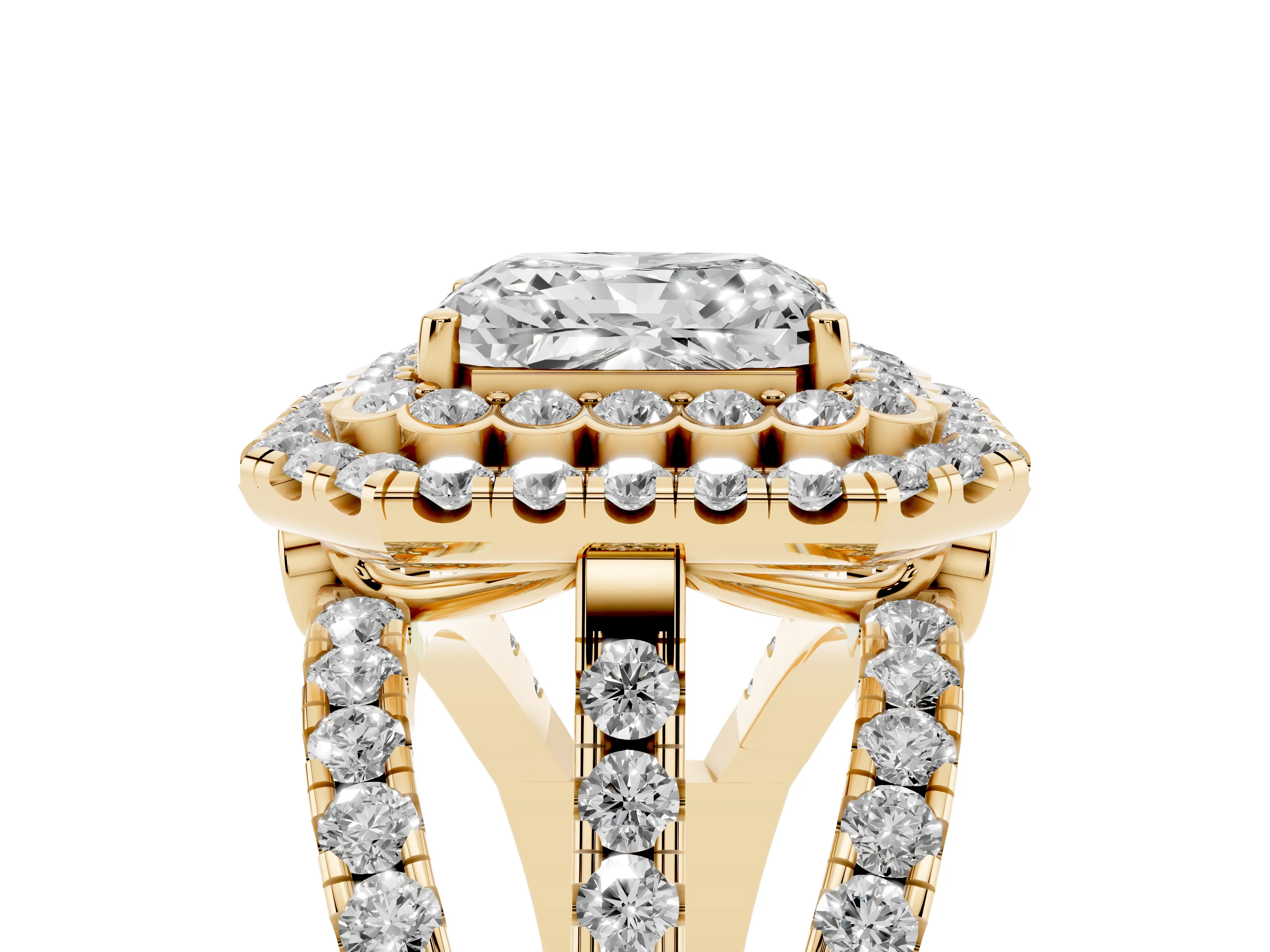 Radiant Cut Diamond Double Halo Ring Set in Yellow gold with Round Pavé Split Shank
