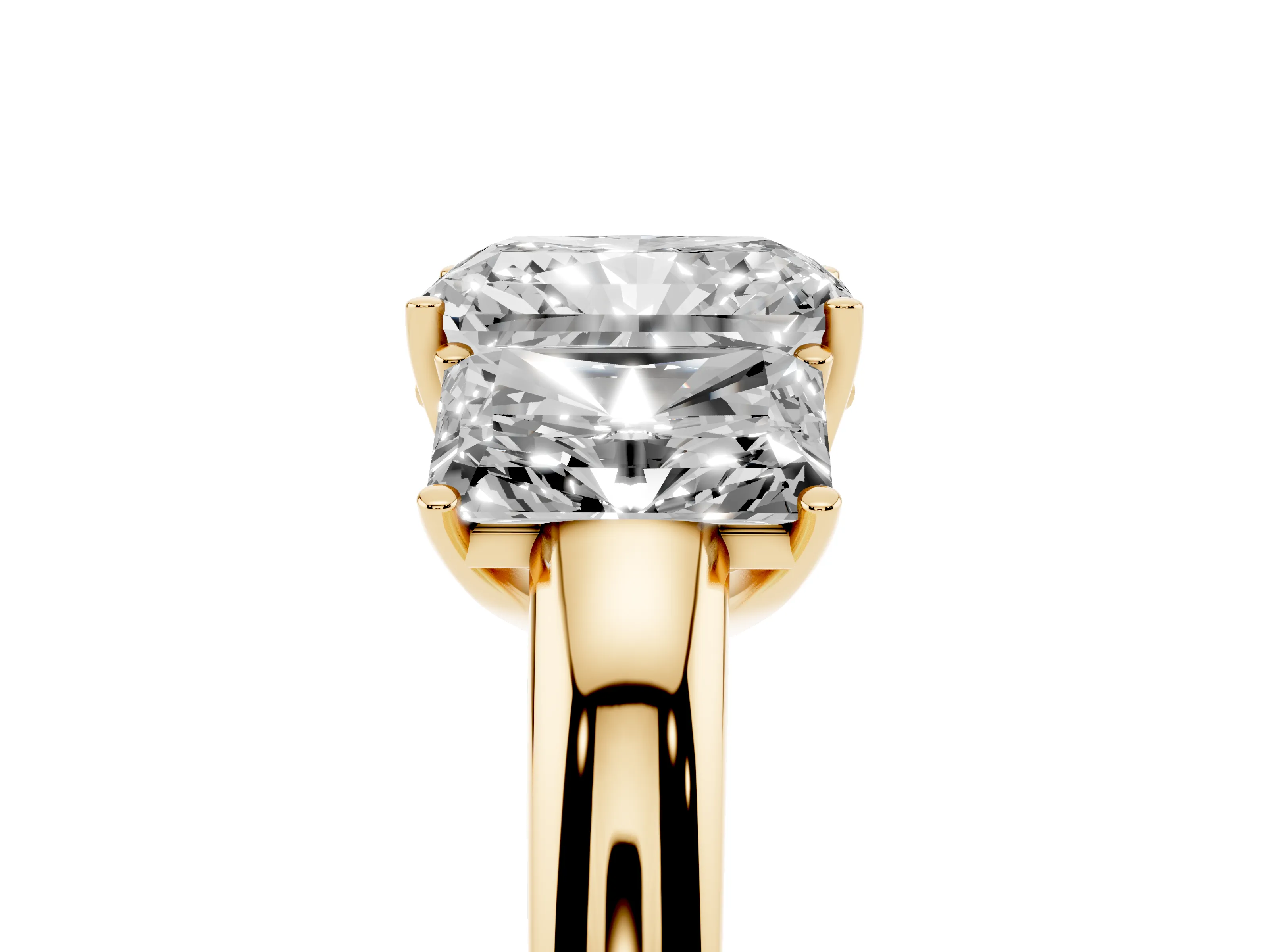 Radiant Cut Diamond Three-Stone Ring Set in Yellow gold with Bold Center and Classic Band