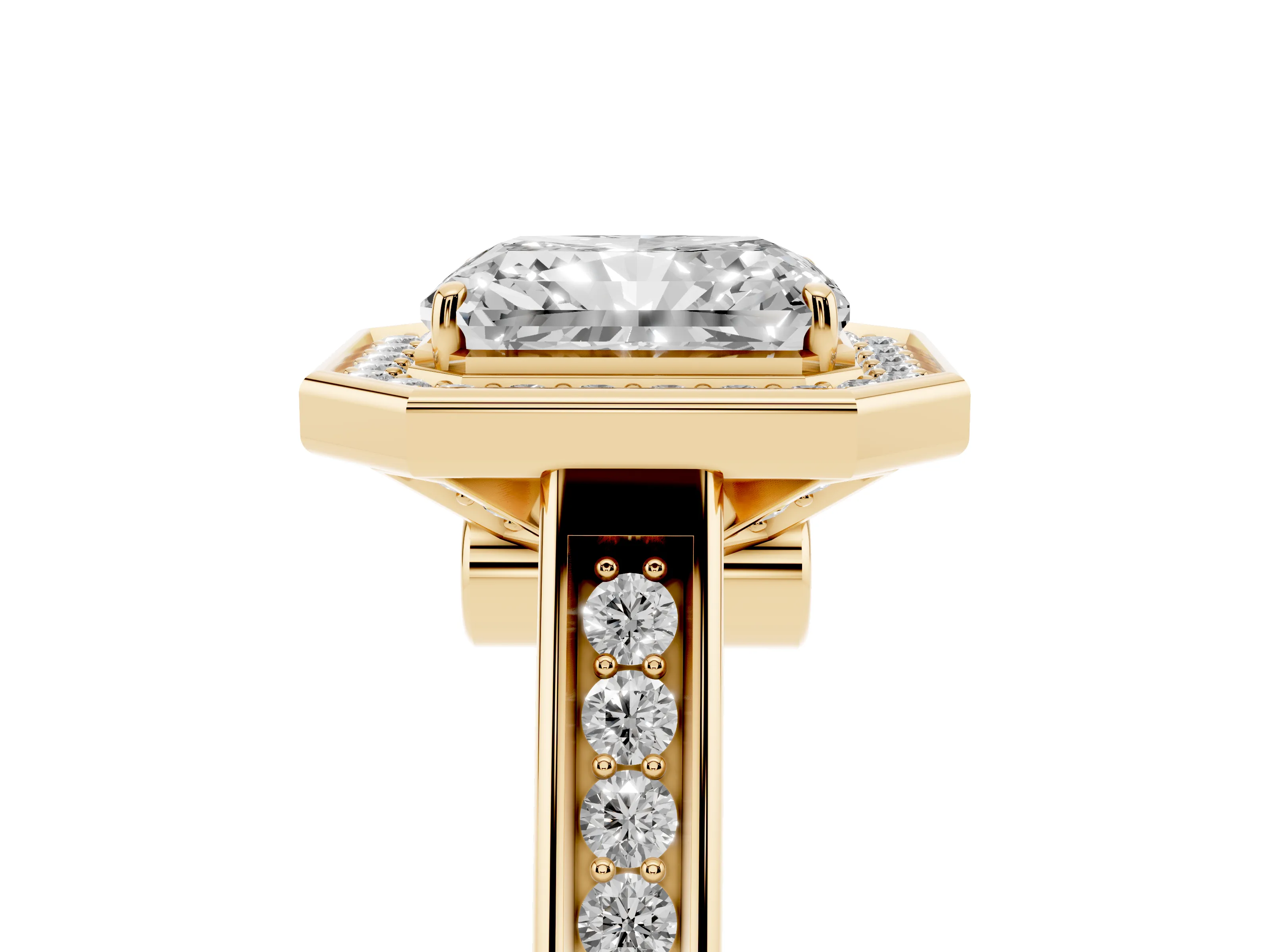 Radiant Cut Diamond Halo Solitaire Ring Set in Yellow gold with Pavé Band and Bezel Setting