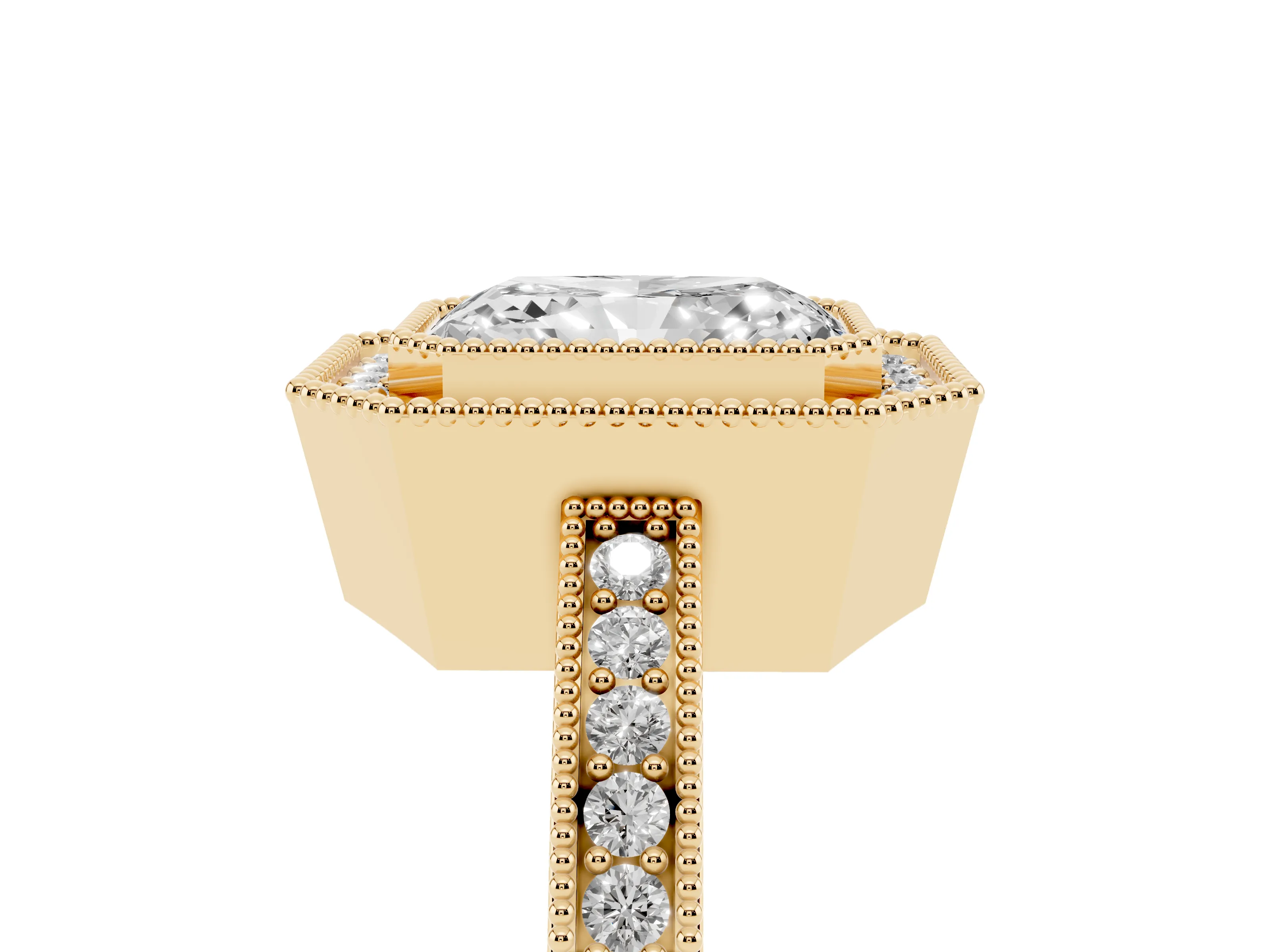 Radiant Cut Diamond Round Halo Ring Set in Yellow gold with Pavé Band
