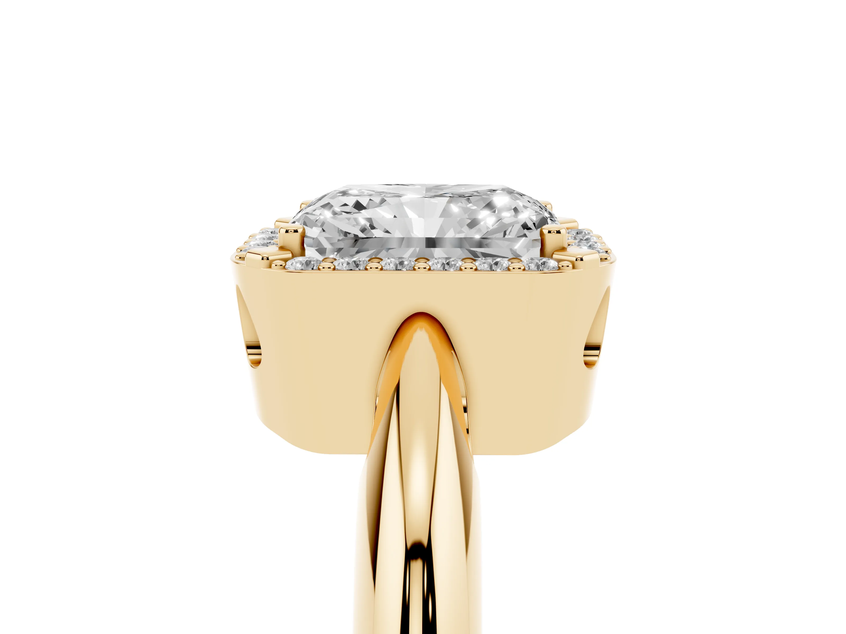 Radiant Cut Diamond Halo Engagement Ring Set in Yellow gold with Plain Split Shank and Prong Setting