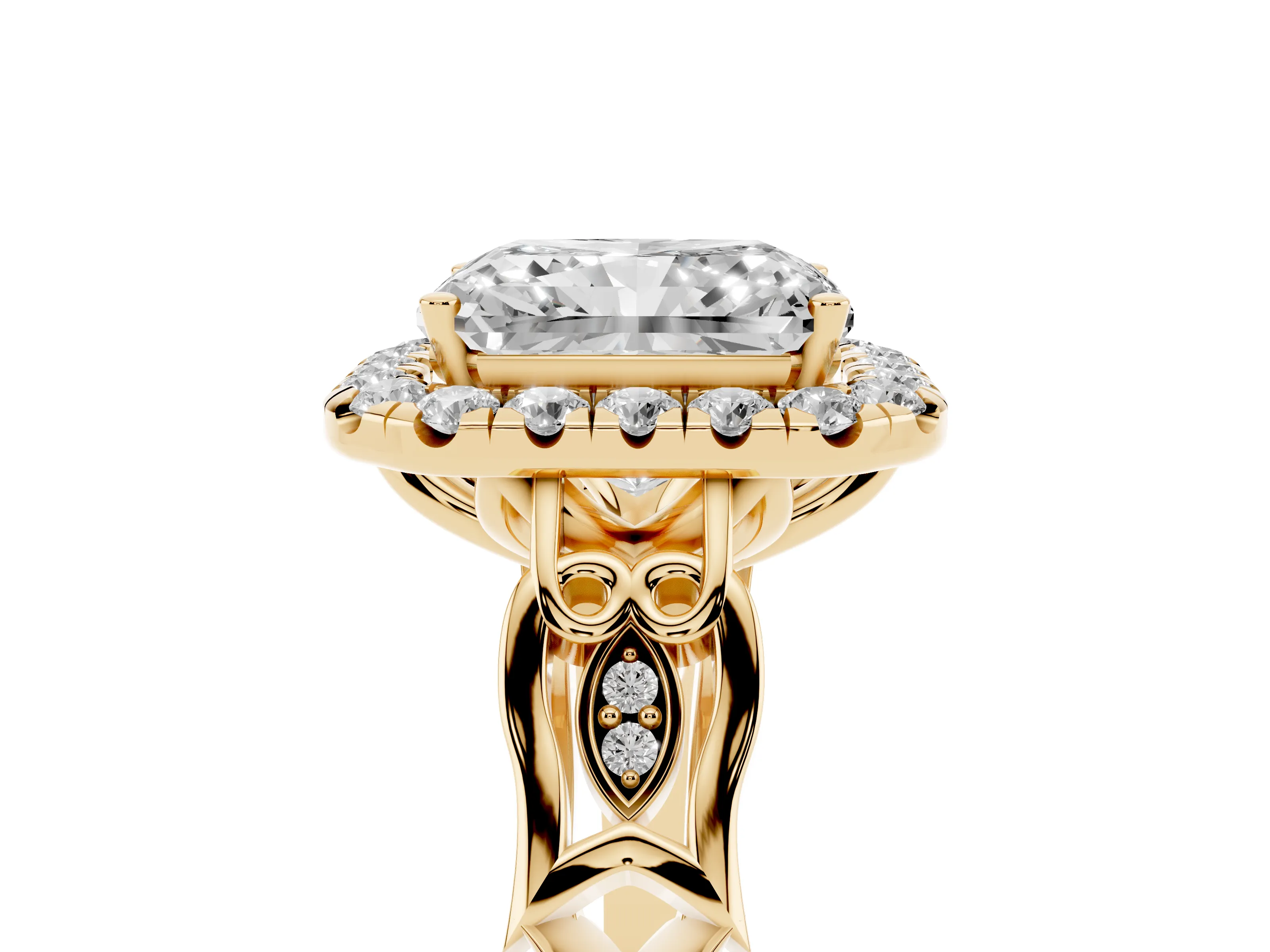 Radiant Cut Diamond Halo Engagement Ring Set in Yellow gold with Filigree Band and Prong-Set Center
