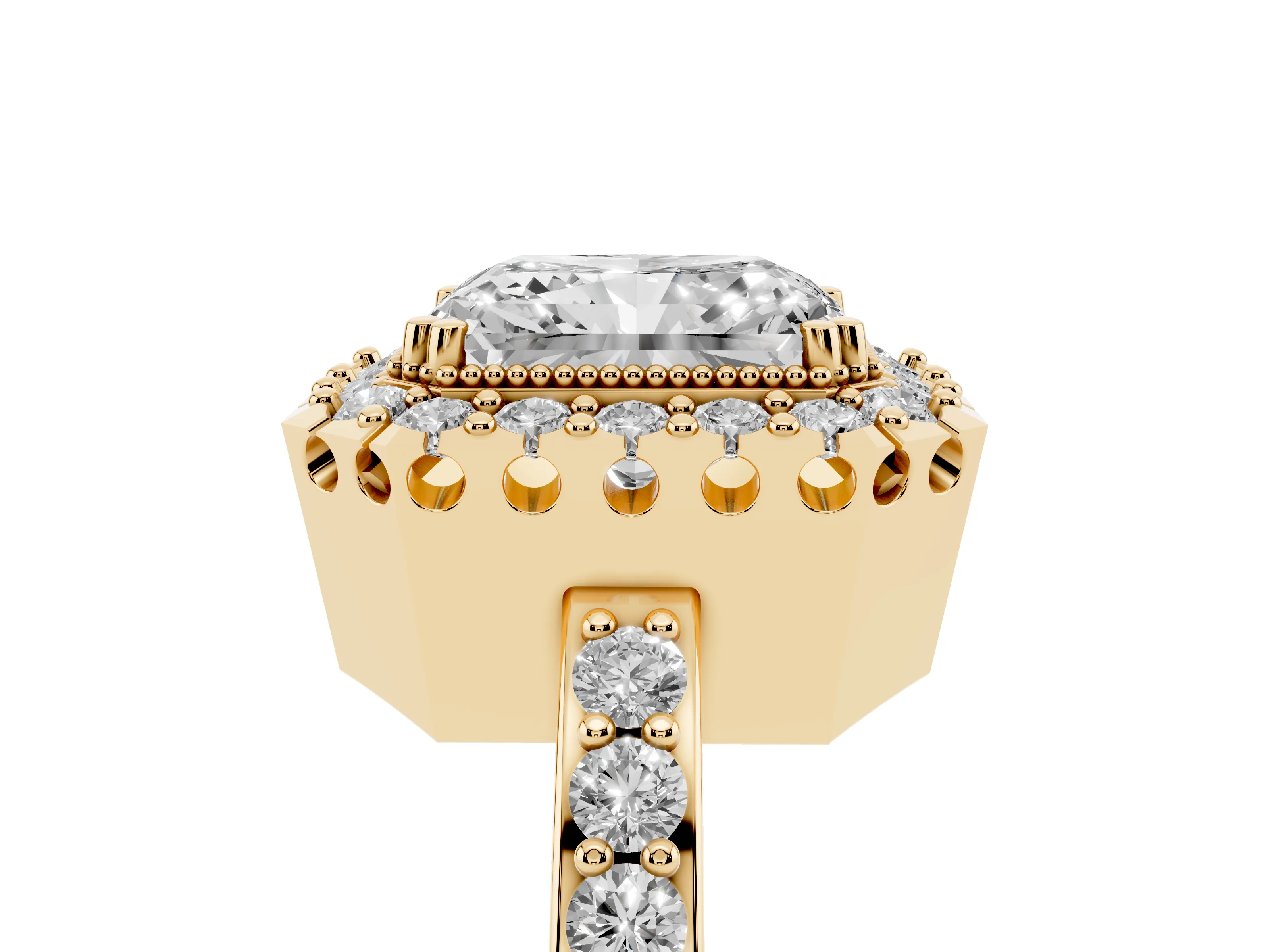 Radiant Cut Diamond Halo Ring Set in Yellow gold with Pavé Shank and Prong Setting