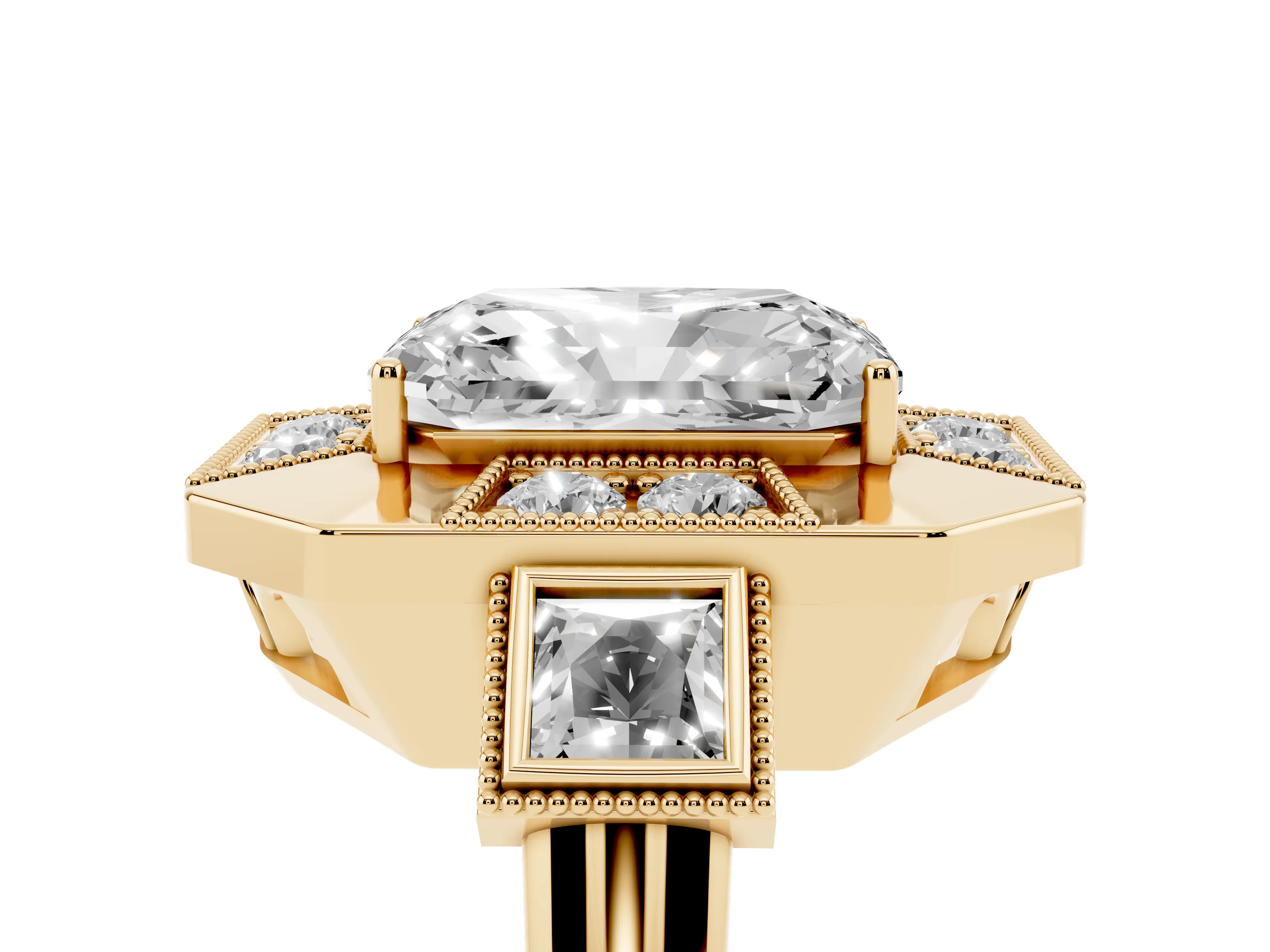 Radiant Cut Diamond Milgrain Halo Ring Set in Yellow gold with Split Shank