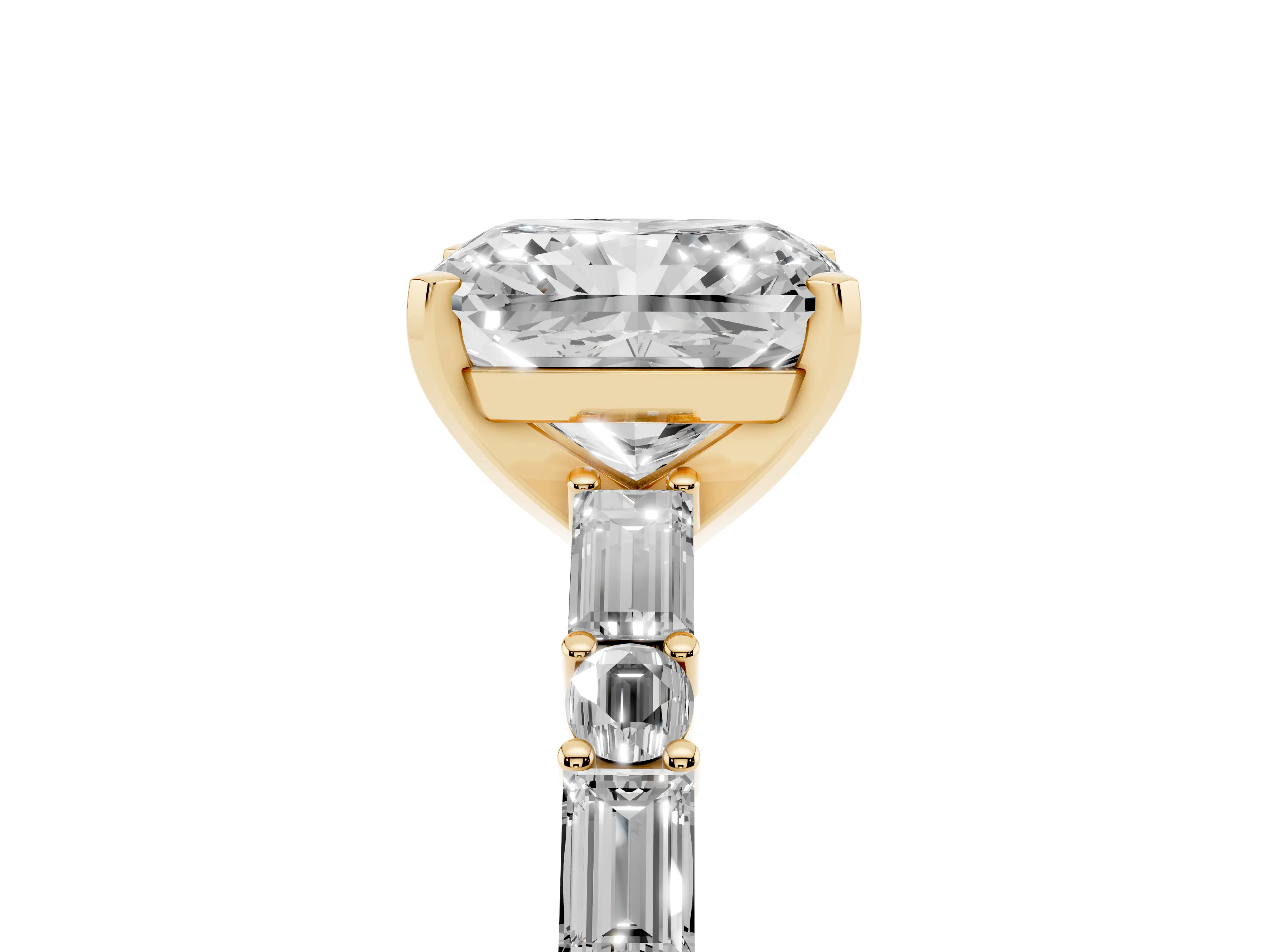 Radiant Cut Diamond Solitaire Set in Yellow gold with Side Baguettes and Channel Set Band