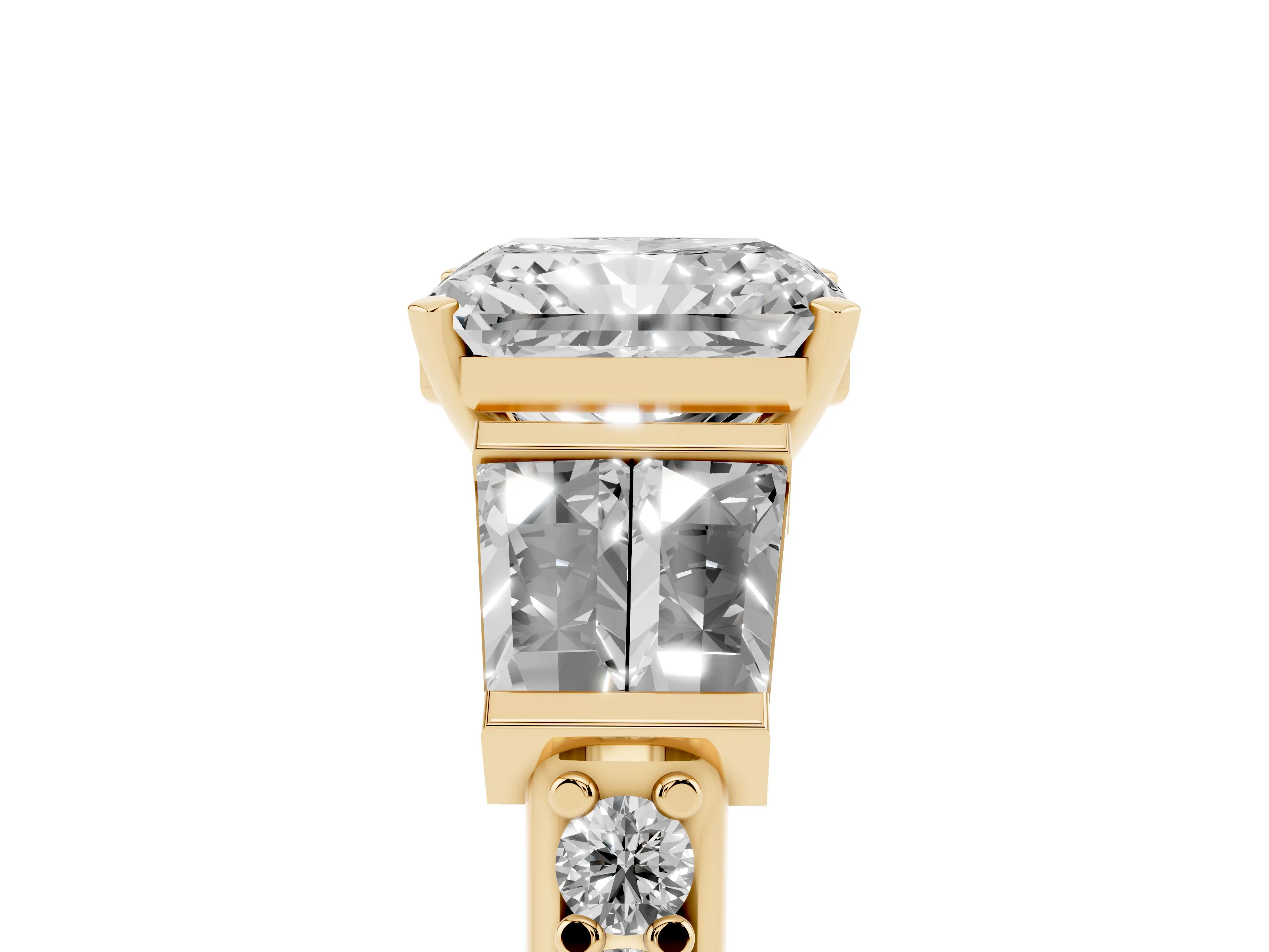 Radiant Cut Diamond Engagement Ring Set in Yellow gold with Baguette Side Stones and Channel Set Band