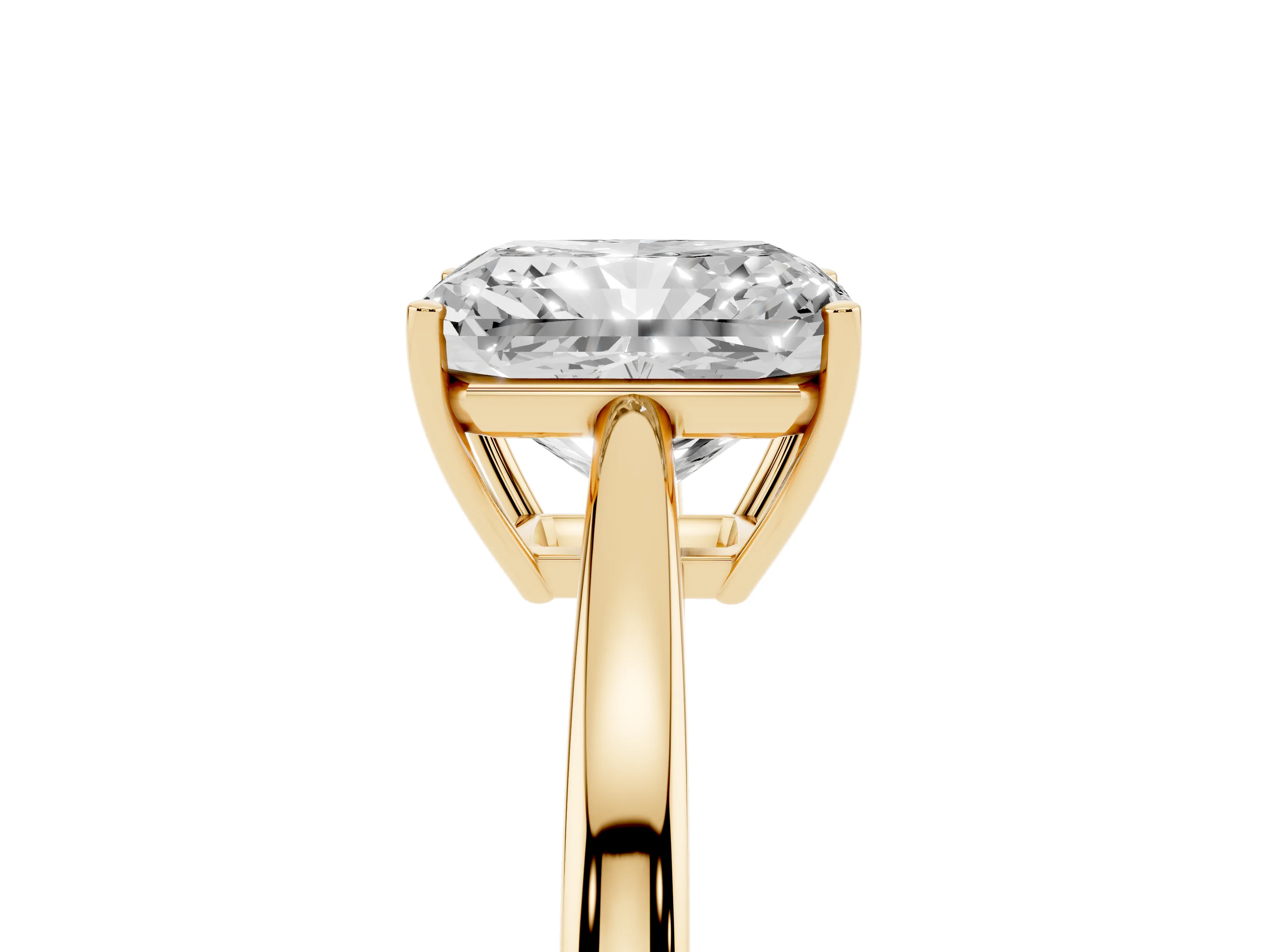 Radiant Cut Diamond Solitaire Ring Set in Yellow gold with Split Shank and Prong Setting