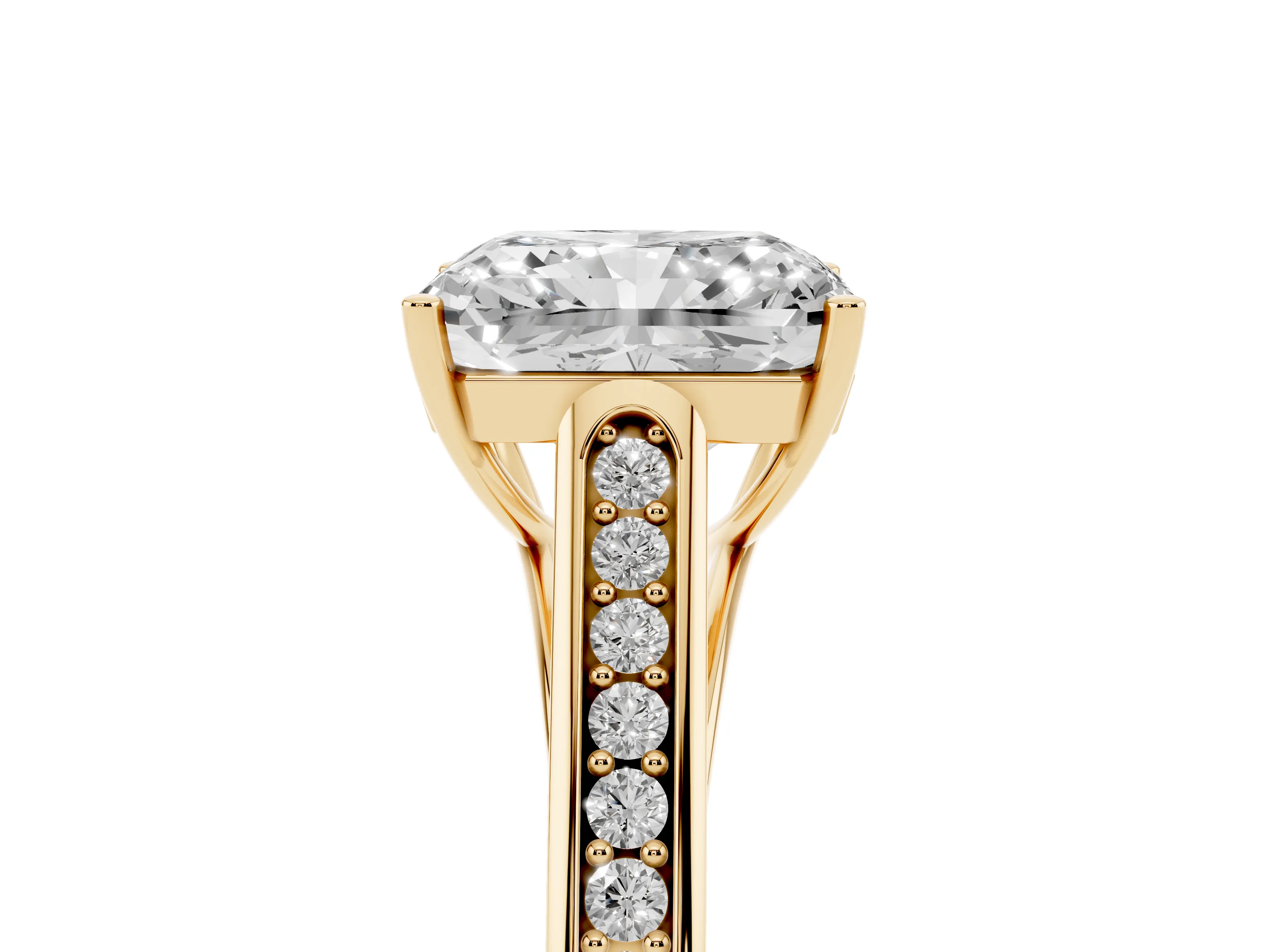 Radiant Cut Diamond Solitaire Cathedral Engagement Ring Set in Yellow gold with Channel-Set Band and Prong Setting