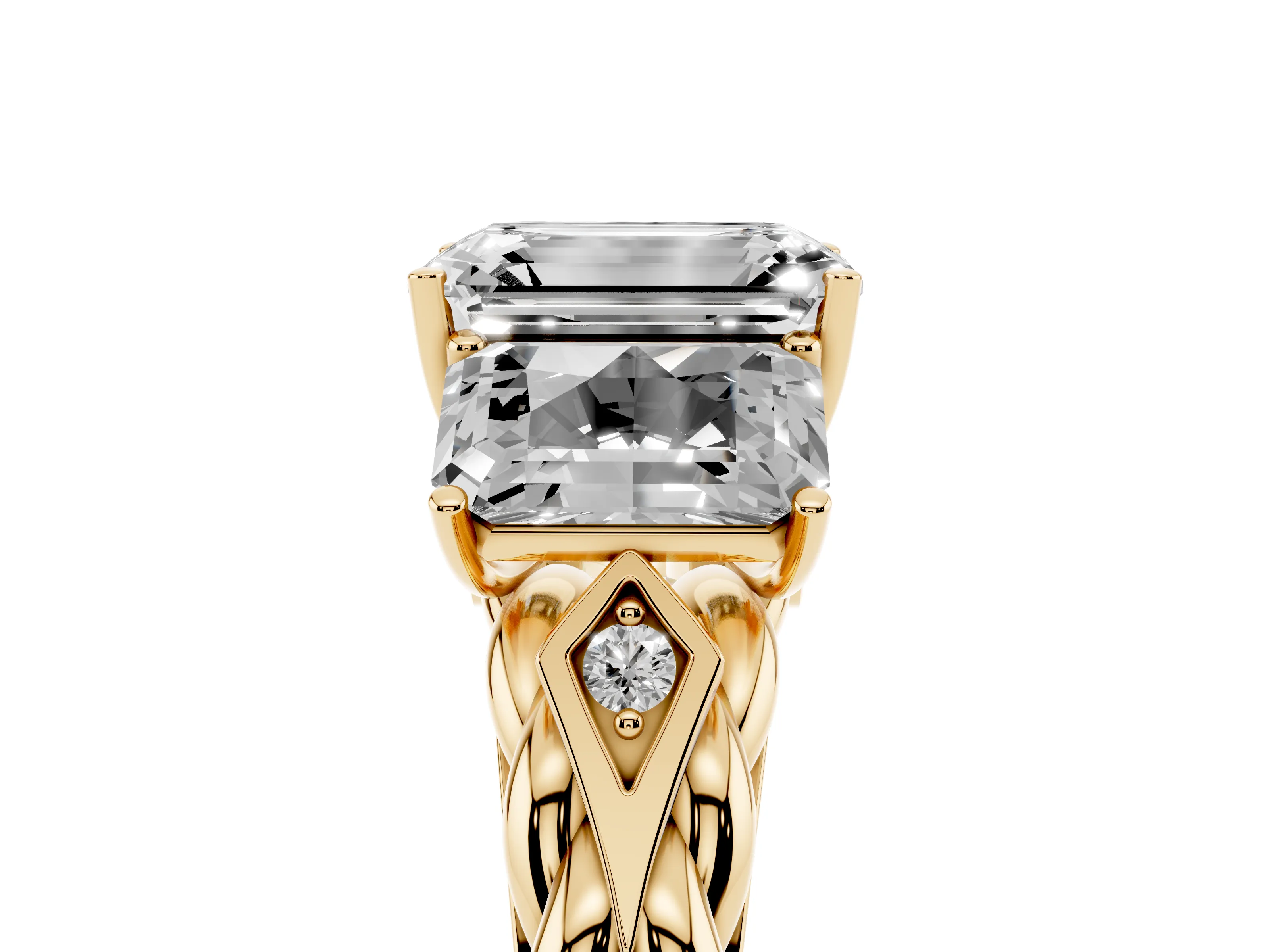 Radiant Cut Diamond Three-Stone Ring Set in Yellow gold with Braided Band