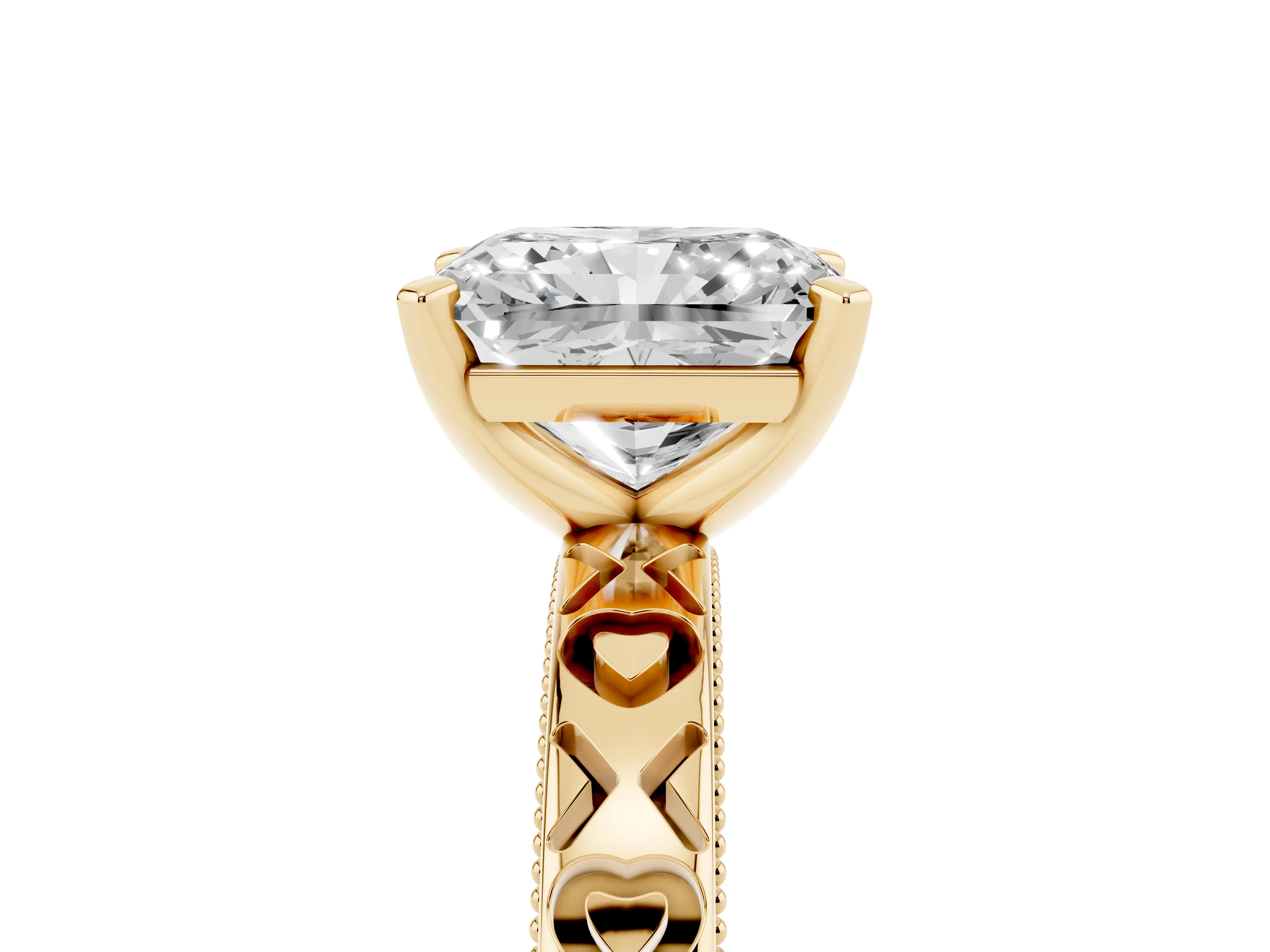 Radiant Cut Diamond Solitaire Engagement Ring Set in Yellow gold with XO Engraved Band and Prong Setting
