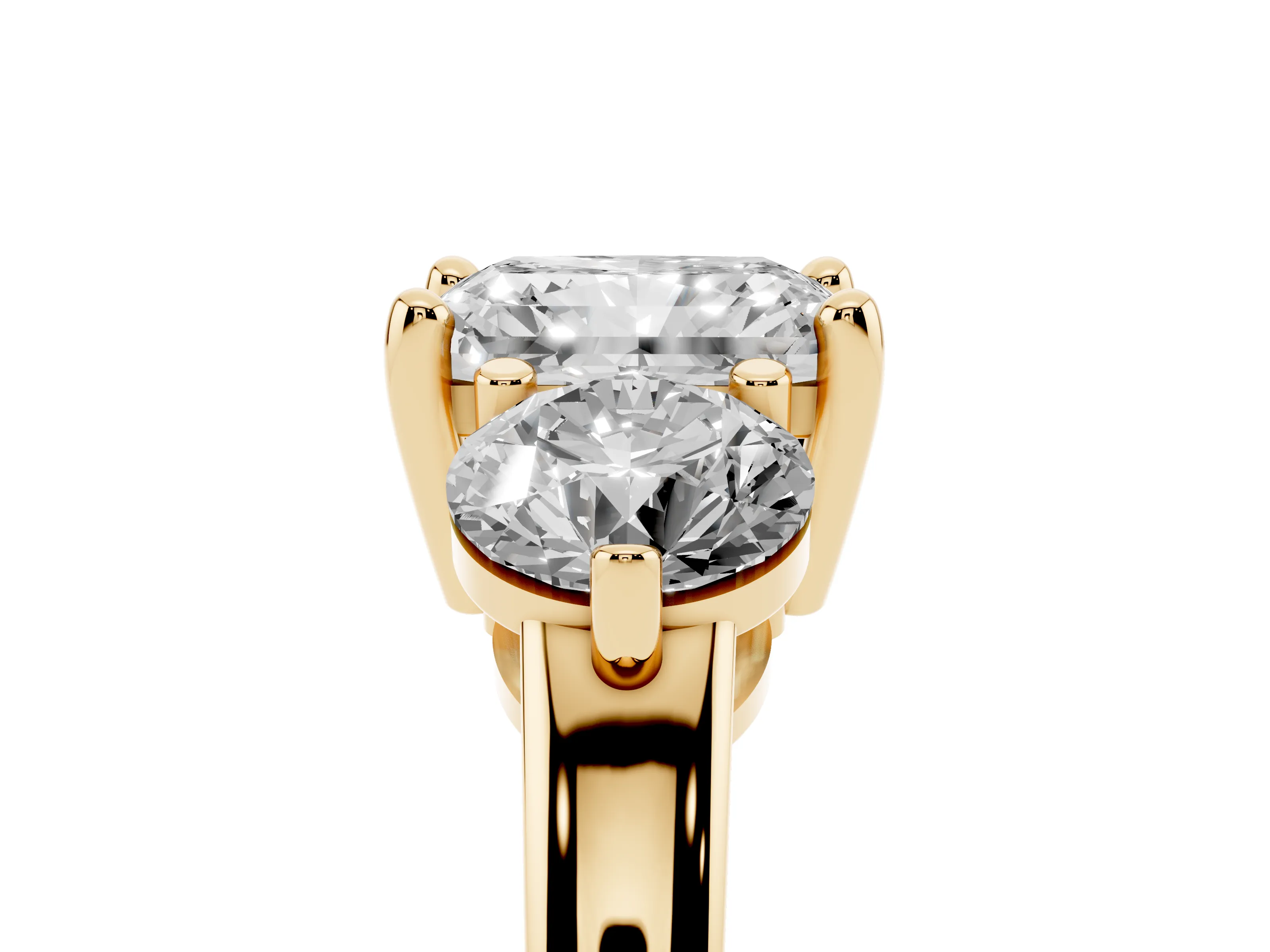 Radiant Cut Diamond Three-Stone Ring Set in Yellow gold with Prong Setting and Classic Band