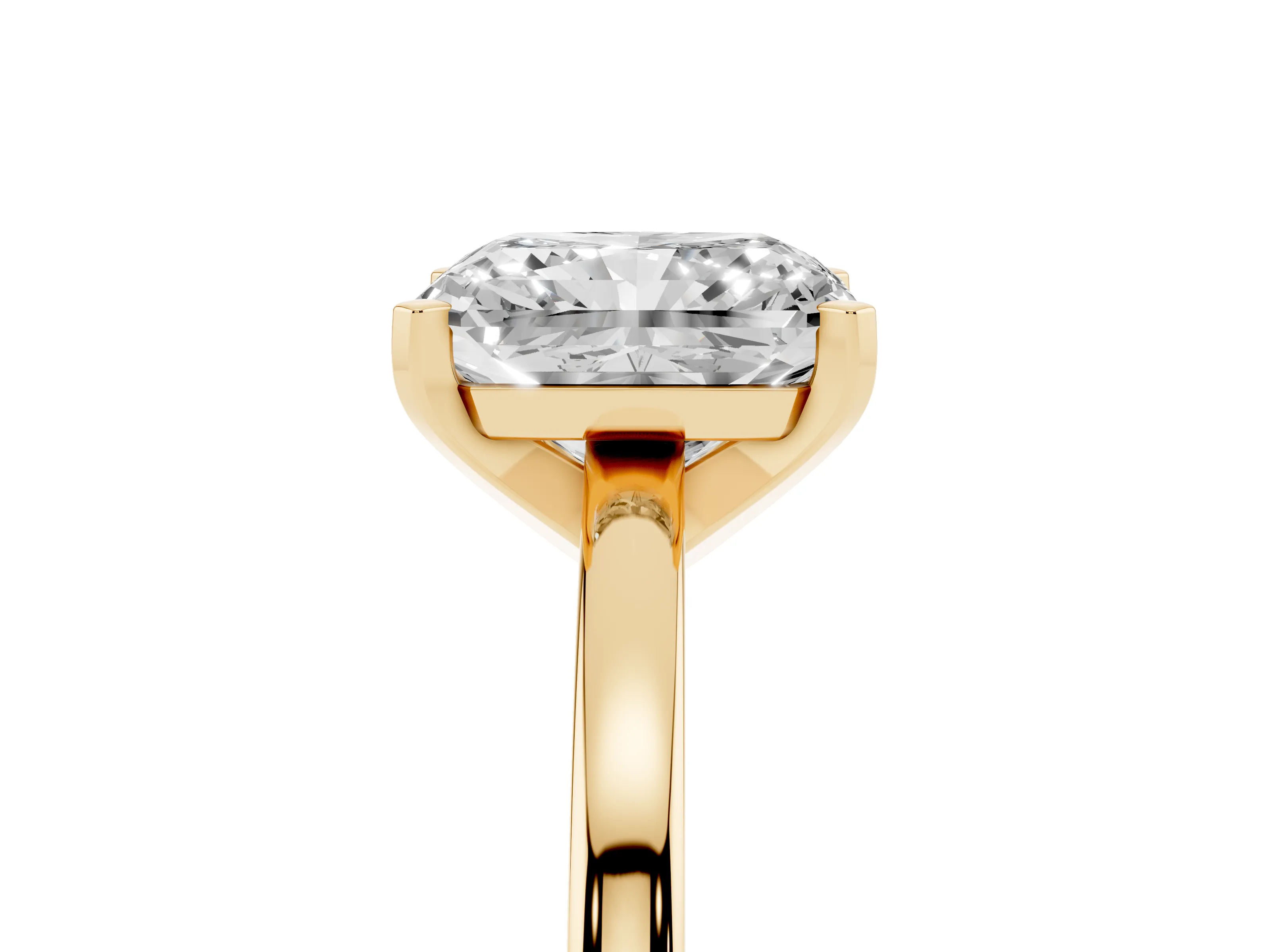 Radiant Cut Diamond Solitaire Engagement Ring Set in Yellow gold with Prong Setting on a Classic Band