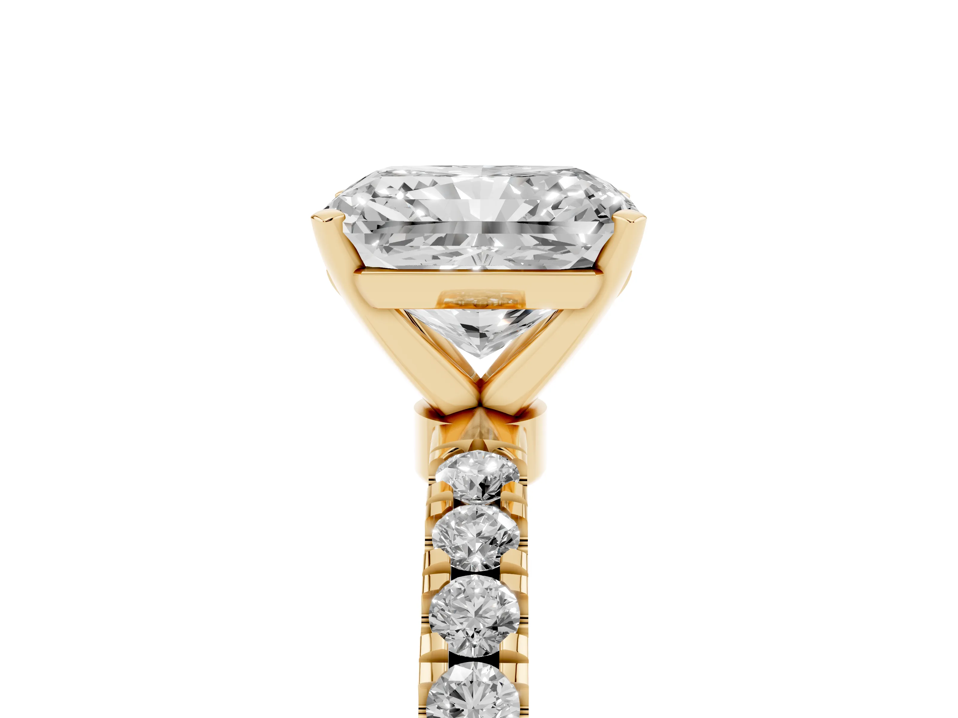 Radiant Cut Diamond Solitaire Ring Set in Yellow gold with Pavé Accents and Prong Setting