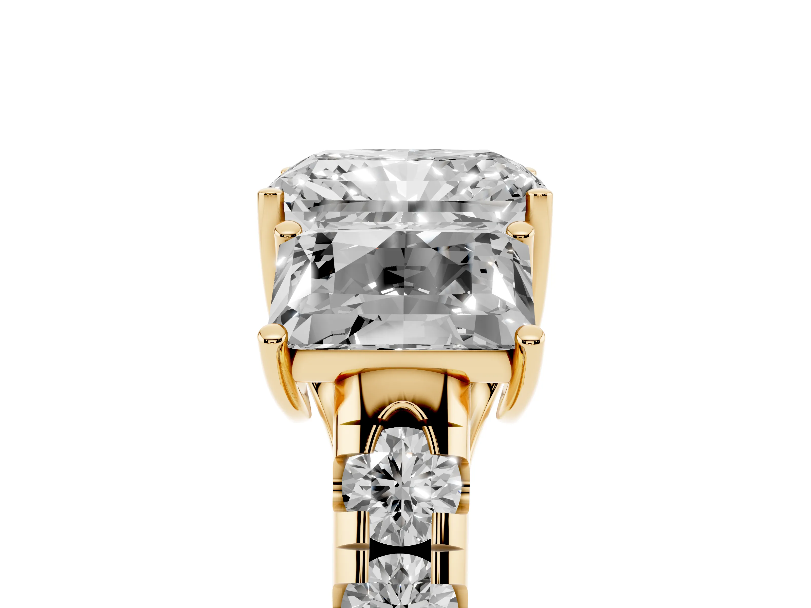 Radiant Cut Diamond Three-Stone Ring Set in Yellow gold with Pavé Band