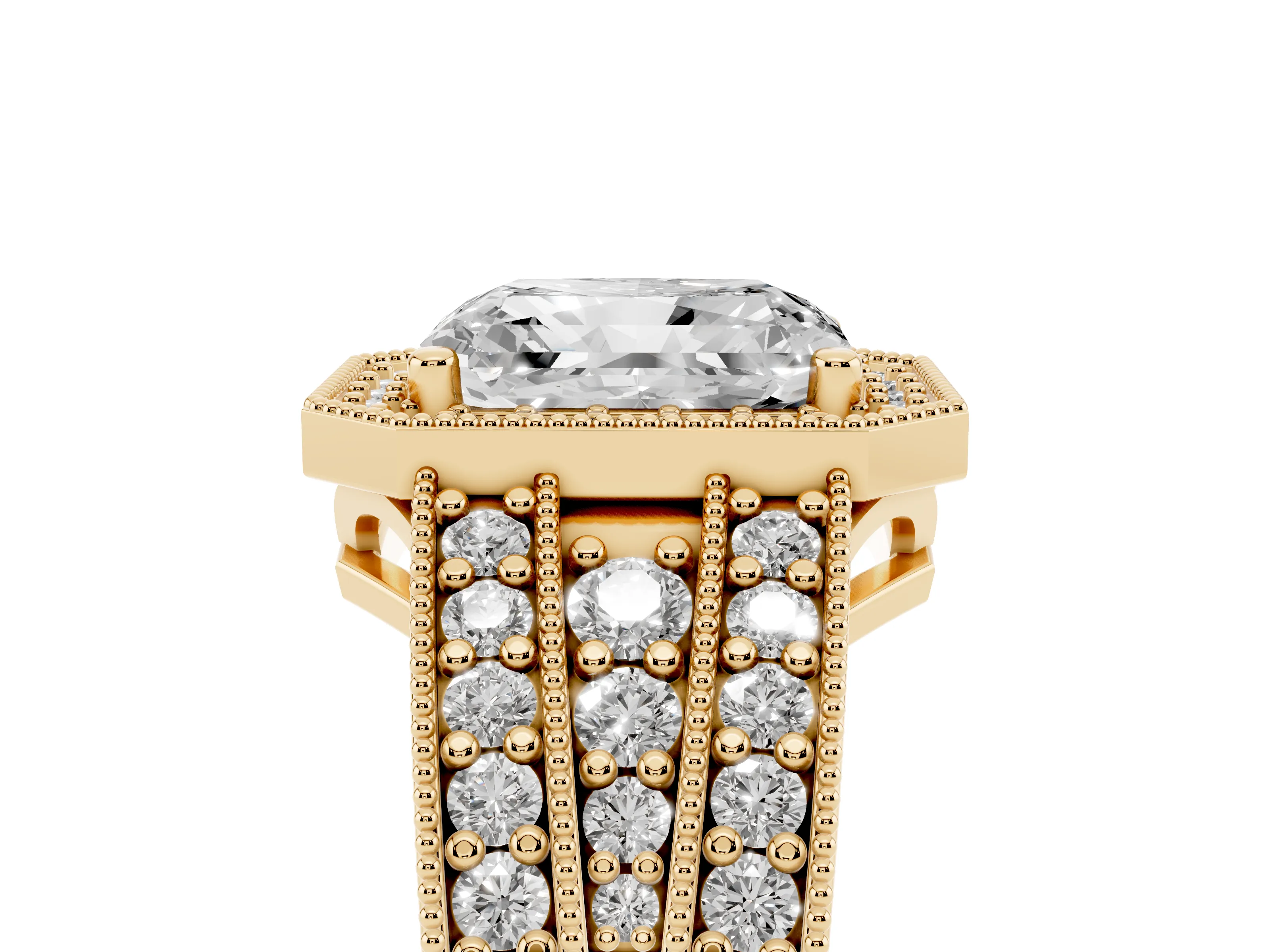 Radiant Cut Diamond Halo Ring Set in Yellow gold with Accent Split Shank and Prong Setting