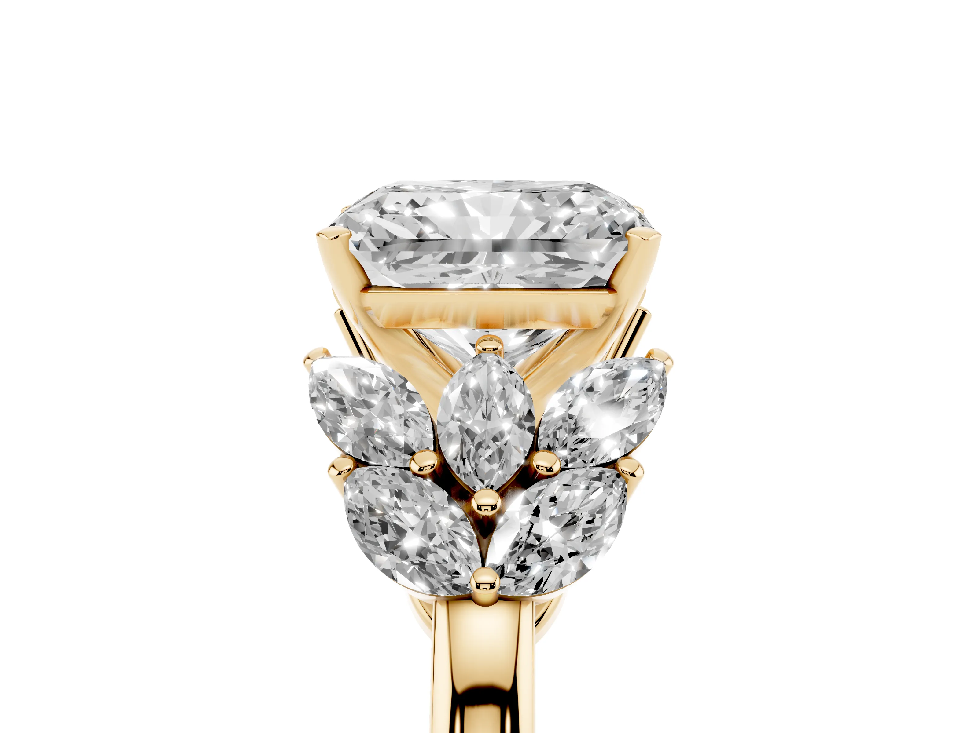 Radiant Cut Diamond Cluster Leaf Design Ring Set in Yellow gold with Prong Setting