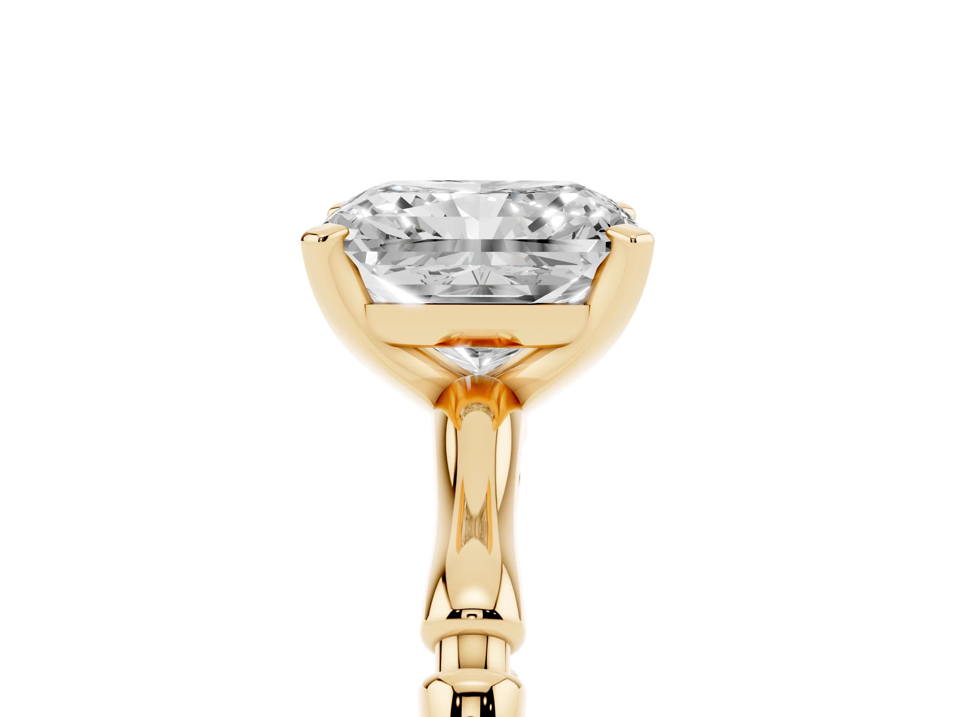 Radiant Cut Diamond Solitaire Ring Set in Yellow gold with Bamboo Band and Prong Setting