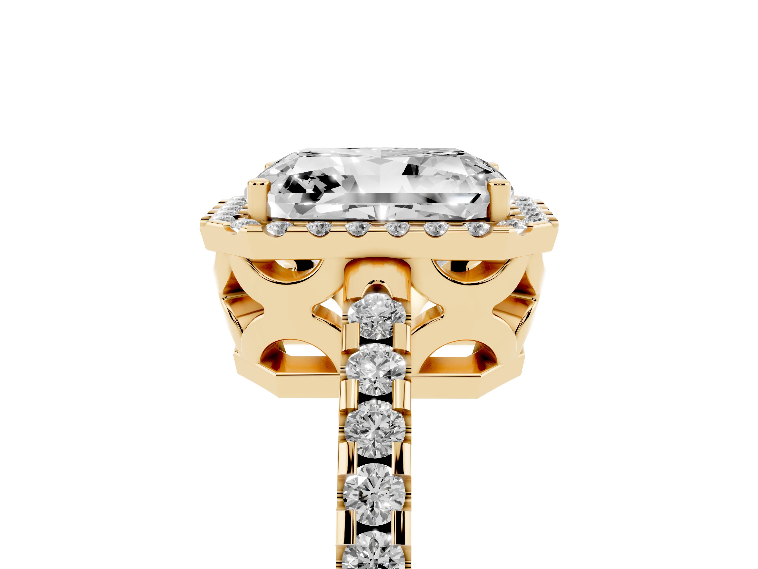 Radiant Cut Diamond Halo Ring Set in Yellow gold with Pavé Shoulders and Halo-Framed Center