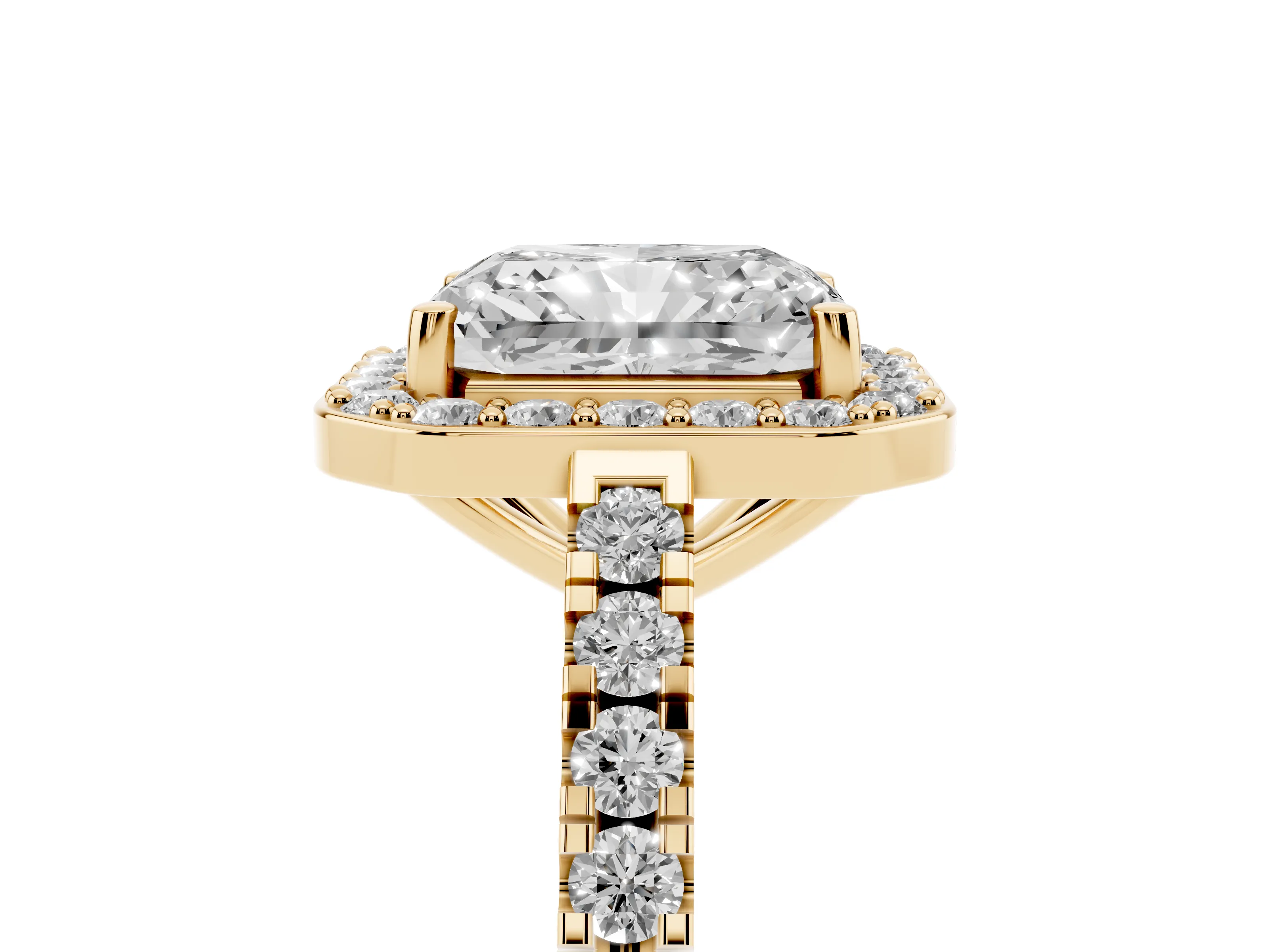 Radiant Cut Diamond Halo Ring Set in Yellow gold with Round Pavé Split Shank and Prong Setting