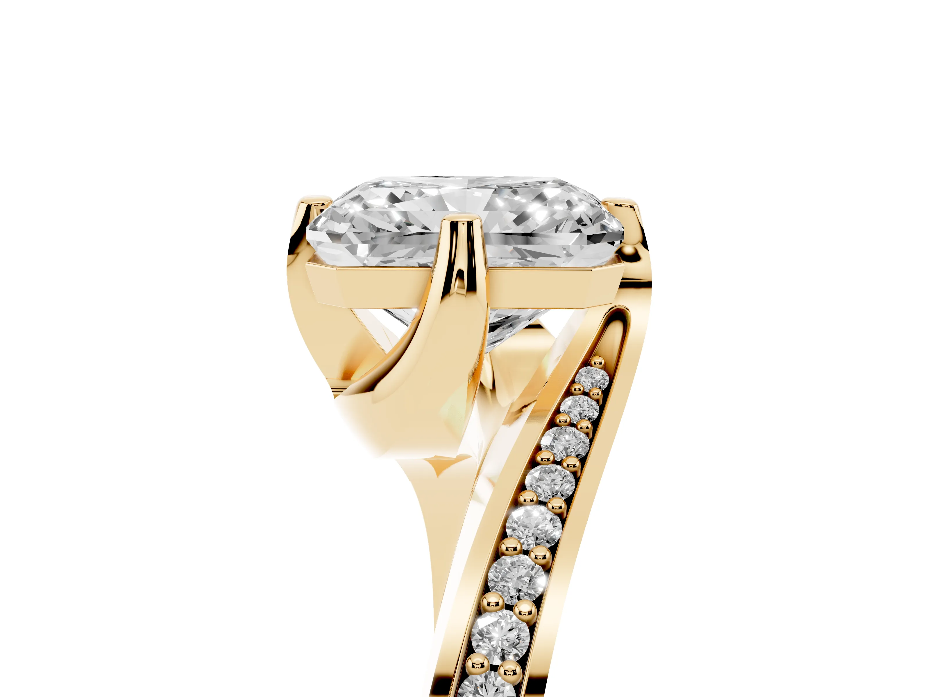 Radiant Cut Diamond Solitaire Ring Set in Yellow gold with Intertwined Pavé Twist Band
