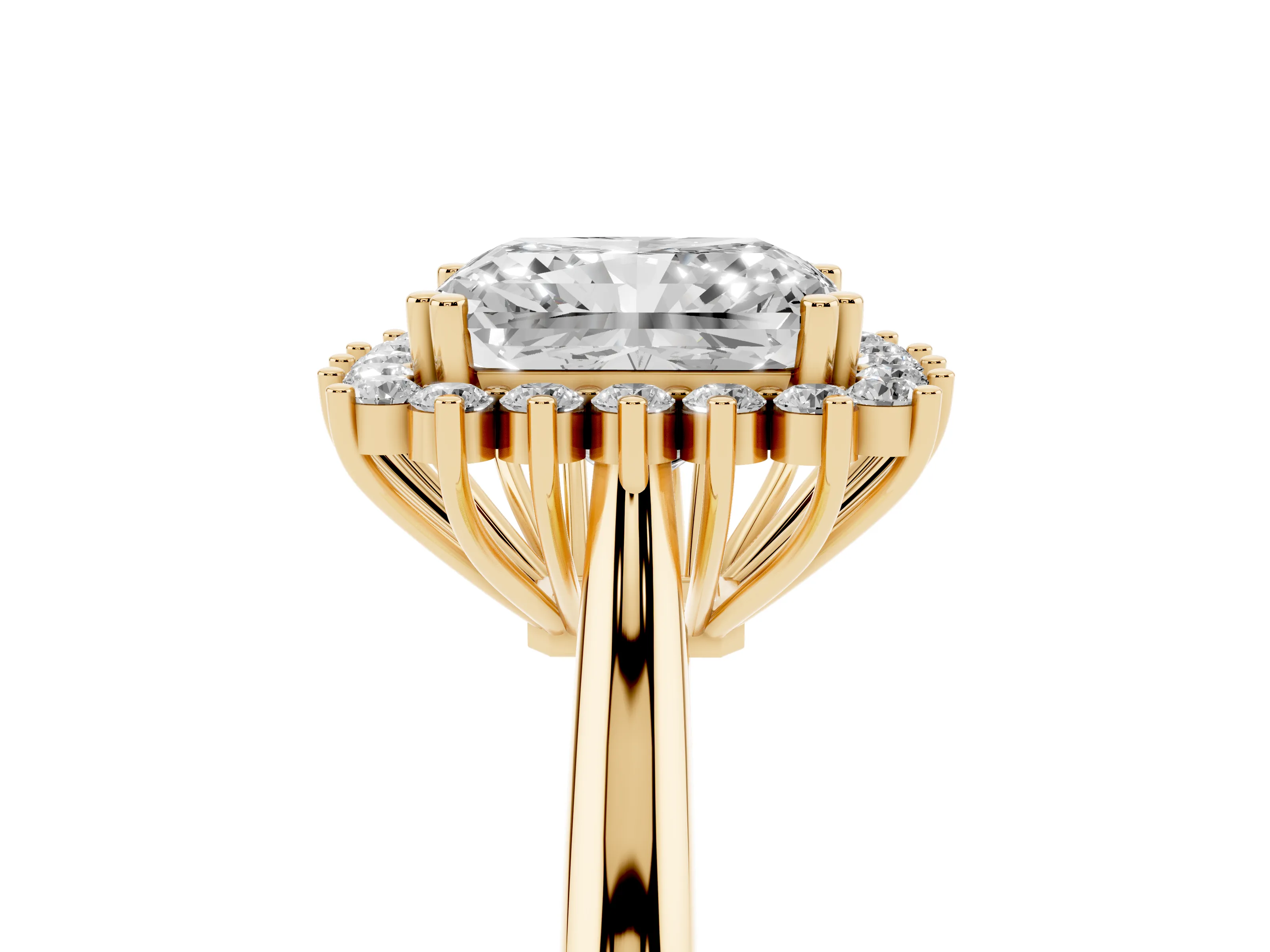Radiant Cut Diamond Halo Ring Set in Yellow gold with Plain Solitaire Band and Prong Setting