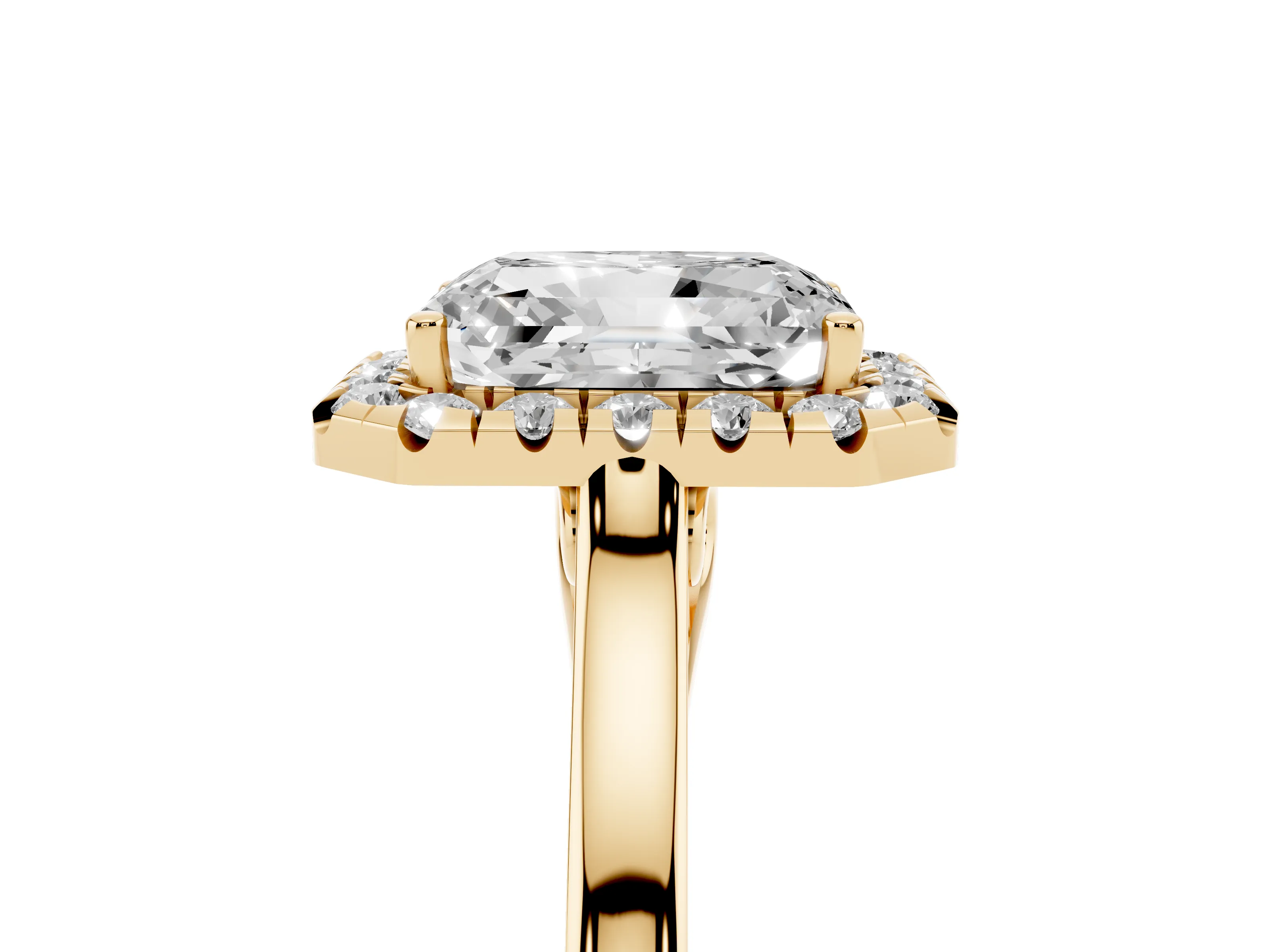 Radiant Cut Halo Round Diamond Solitaire Ring Set in Yellow gold with Pavé Band and Prong Setting