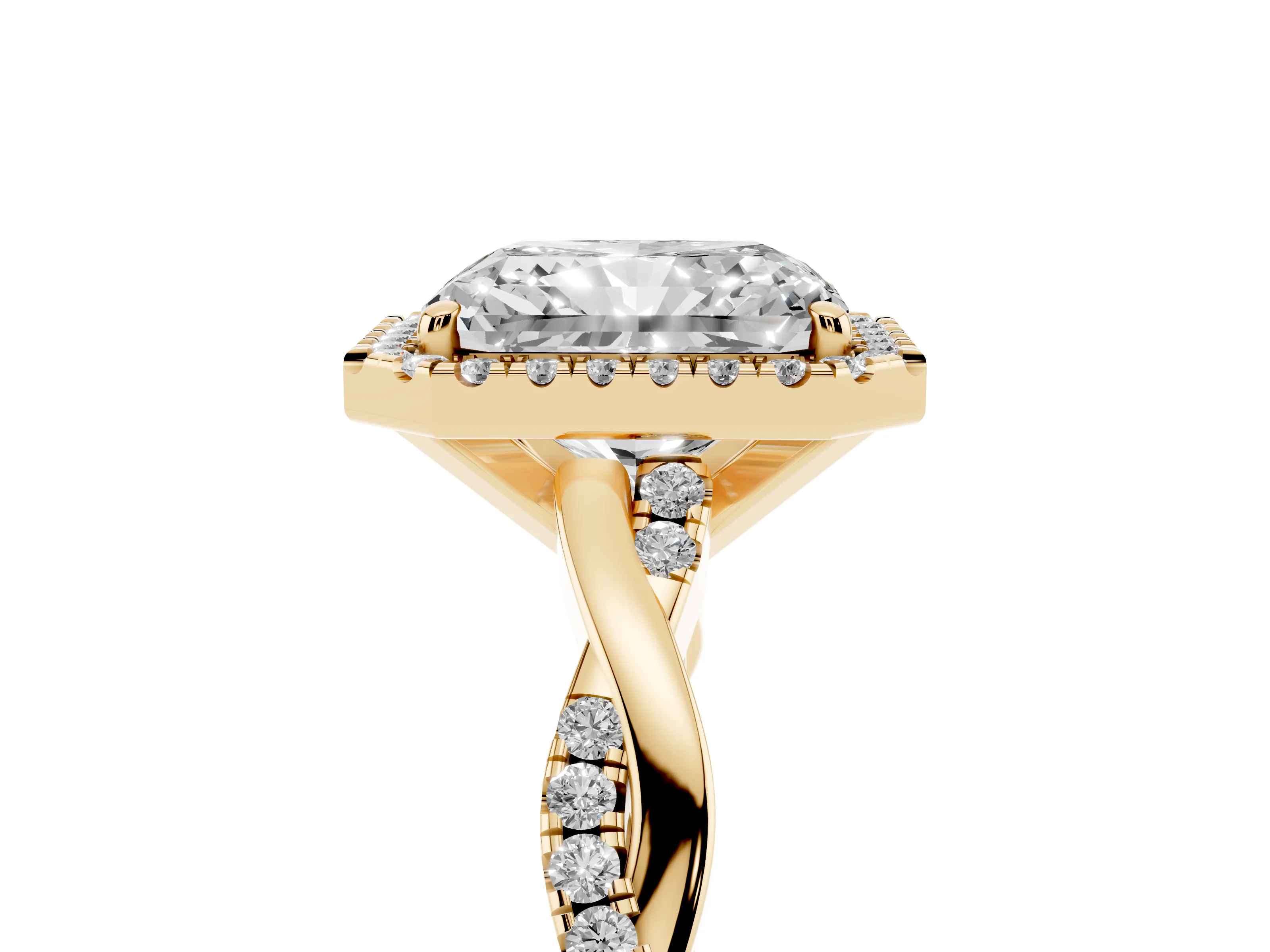 Radiant Cut Diamond Halo Twisted Band Ring Set in Yellow gold with Prong Setting