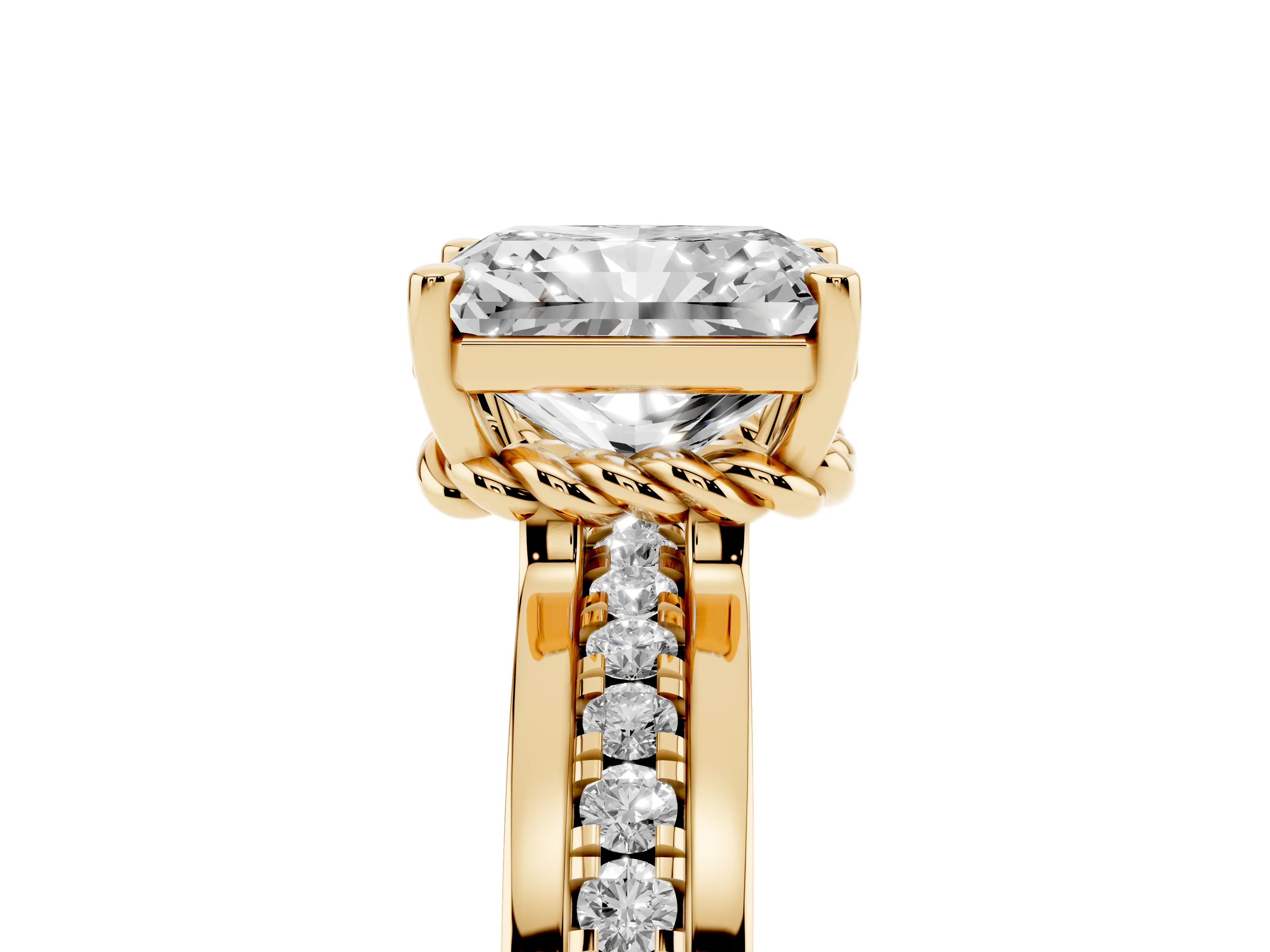 Radiant Cut Diamond Solitaire Ring Set in Yellow gold with Channel Set Band and Prong Setting