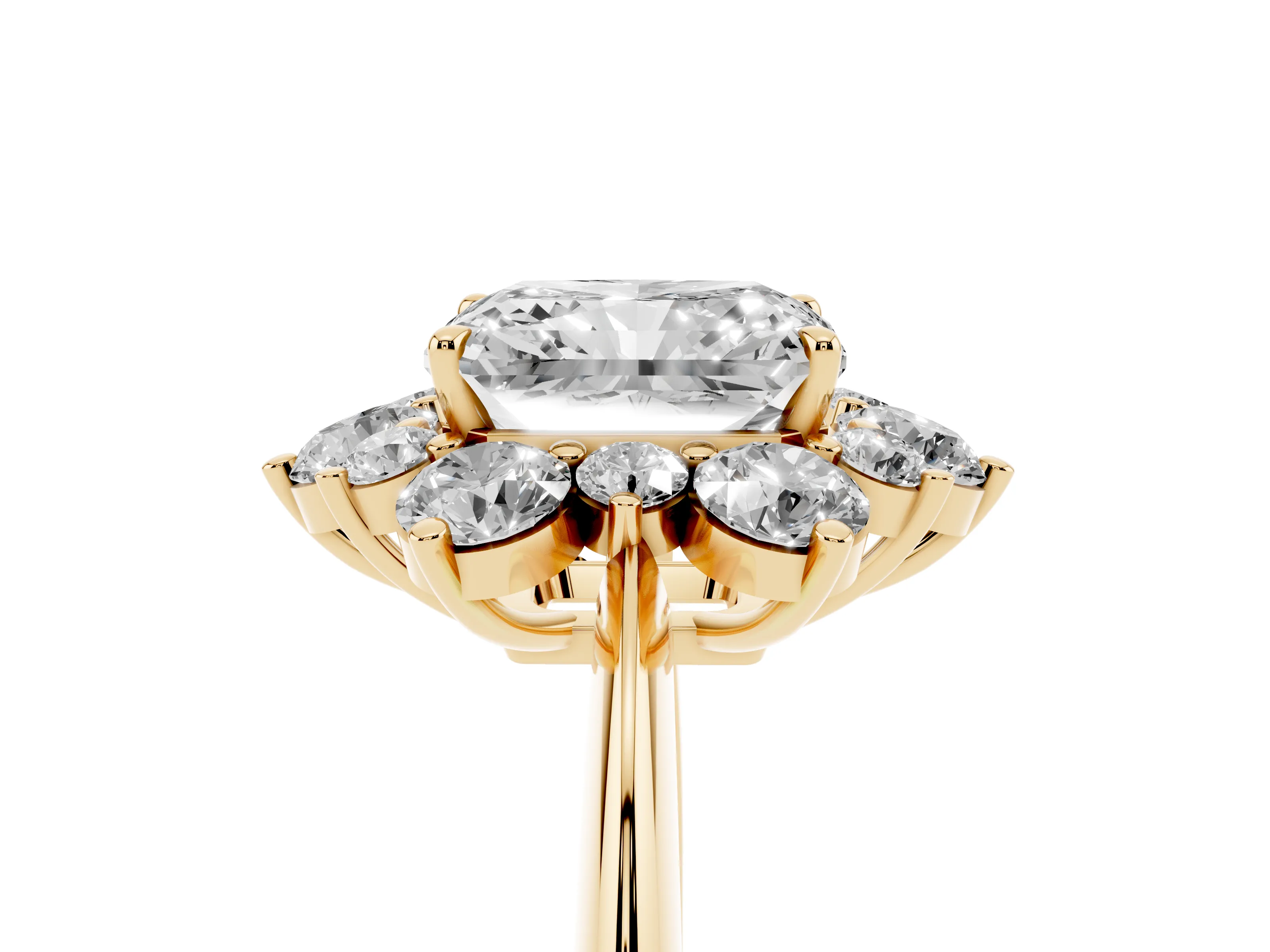 Radiant Cut Diamond Cluster Halo Ring Set in Yellow gold with Solitaire Band and Prong Setting