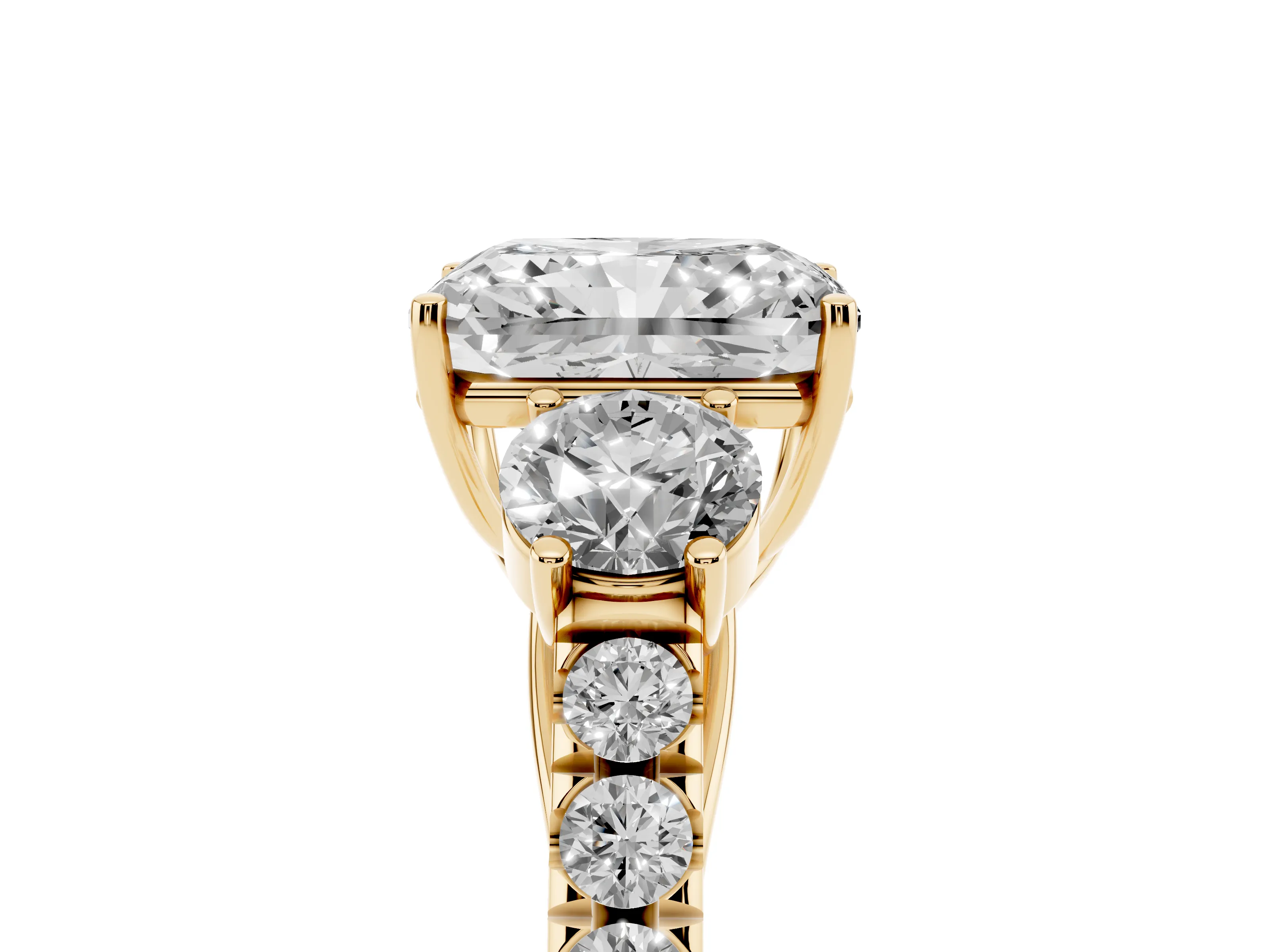 Radiant Cut Diamond Three-Stone Ring Set in Yellow gold with Round Side Stones and Delicate Pavé Band