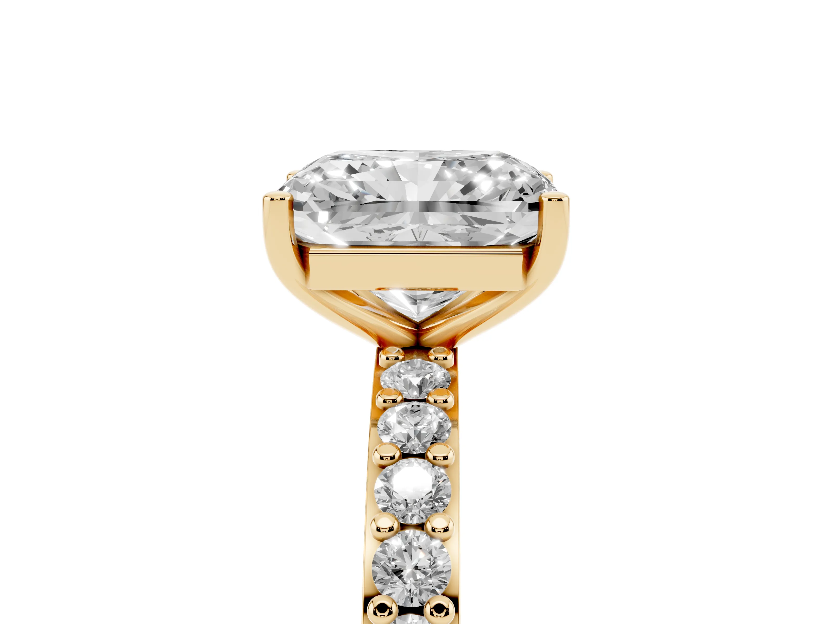 Radiant Cut Diamond Solitaire Set in Yellow gold with Round Pavé Band and Prong Setting