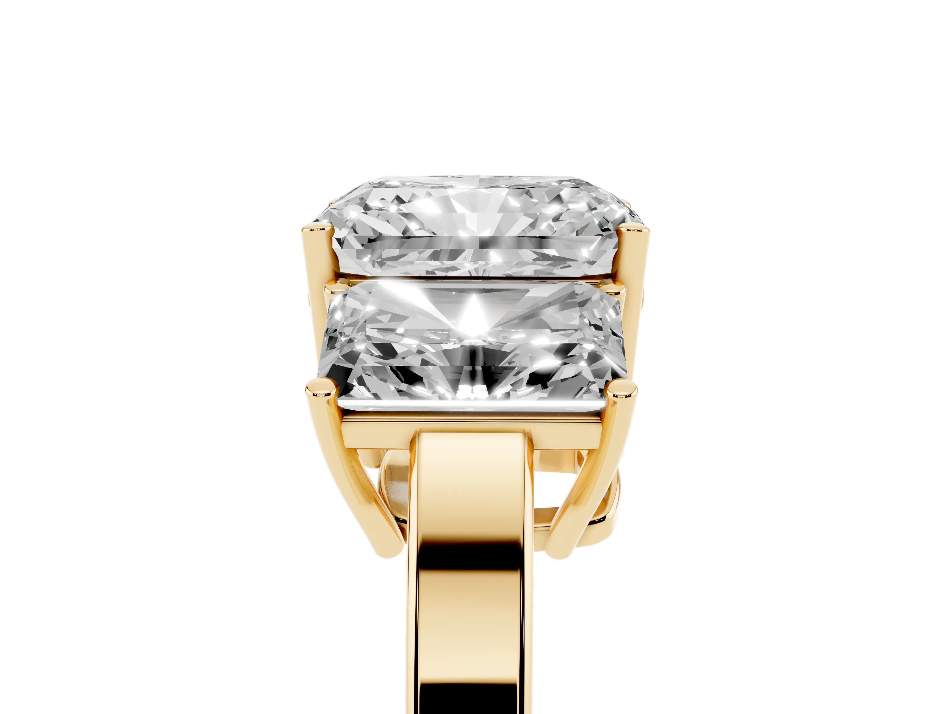 Radiant Cut Diamond Three-Stone Engagement Ring Set in Yellow gold with Flat Band