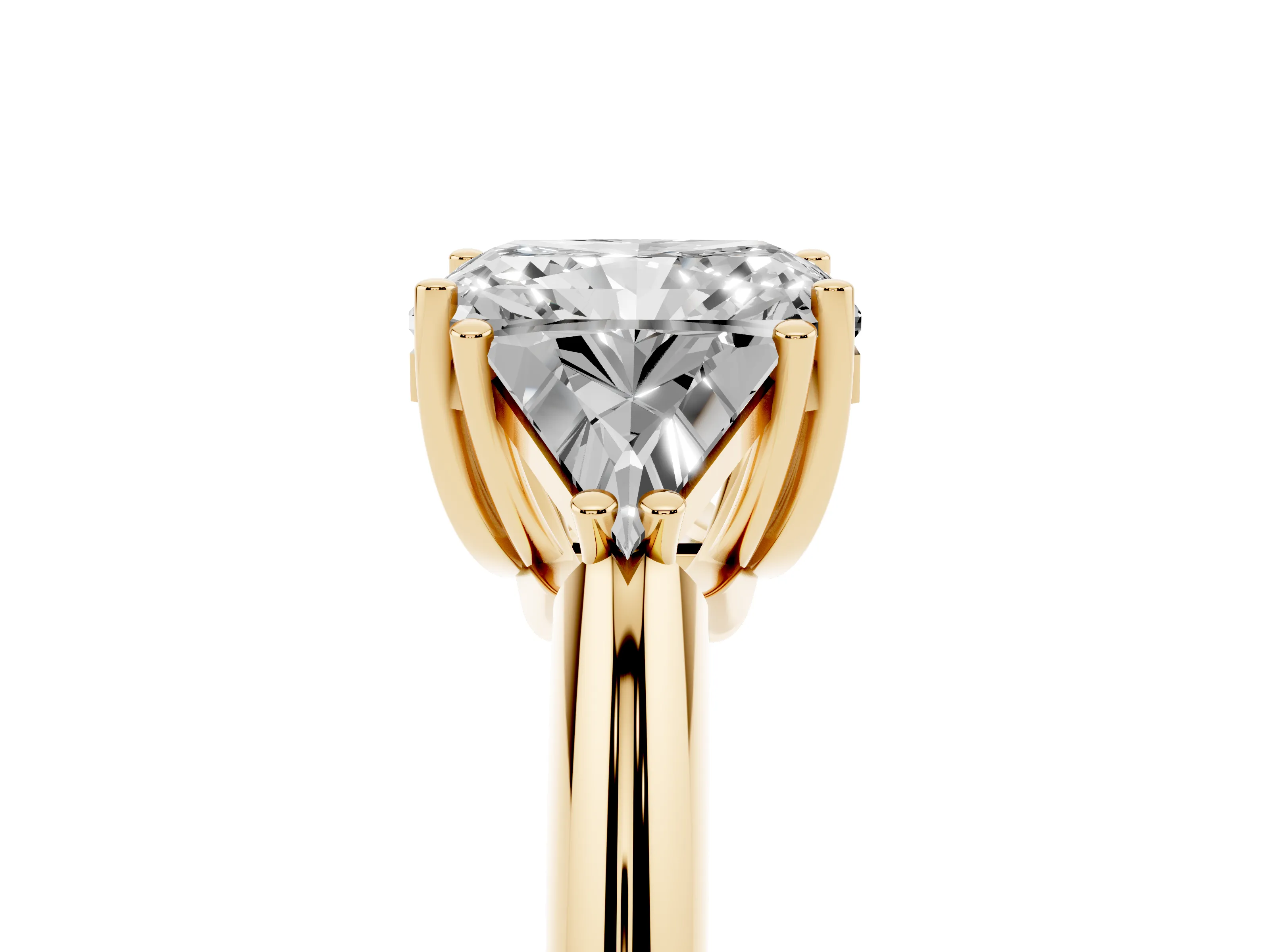 Radiant Cut Diamond Three-Stone Engagement Ring Set in Yellow gold with Trillion Side Stones