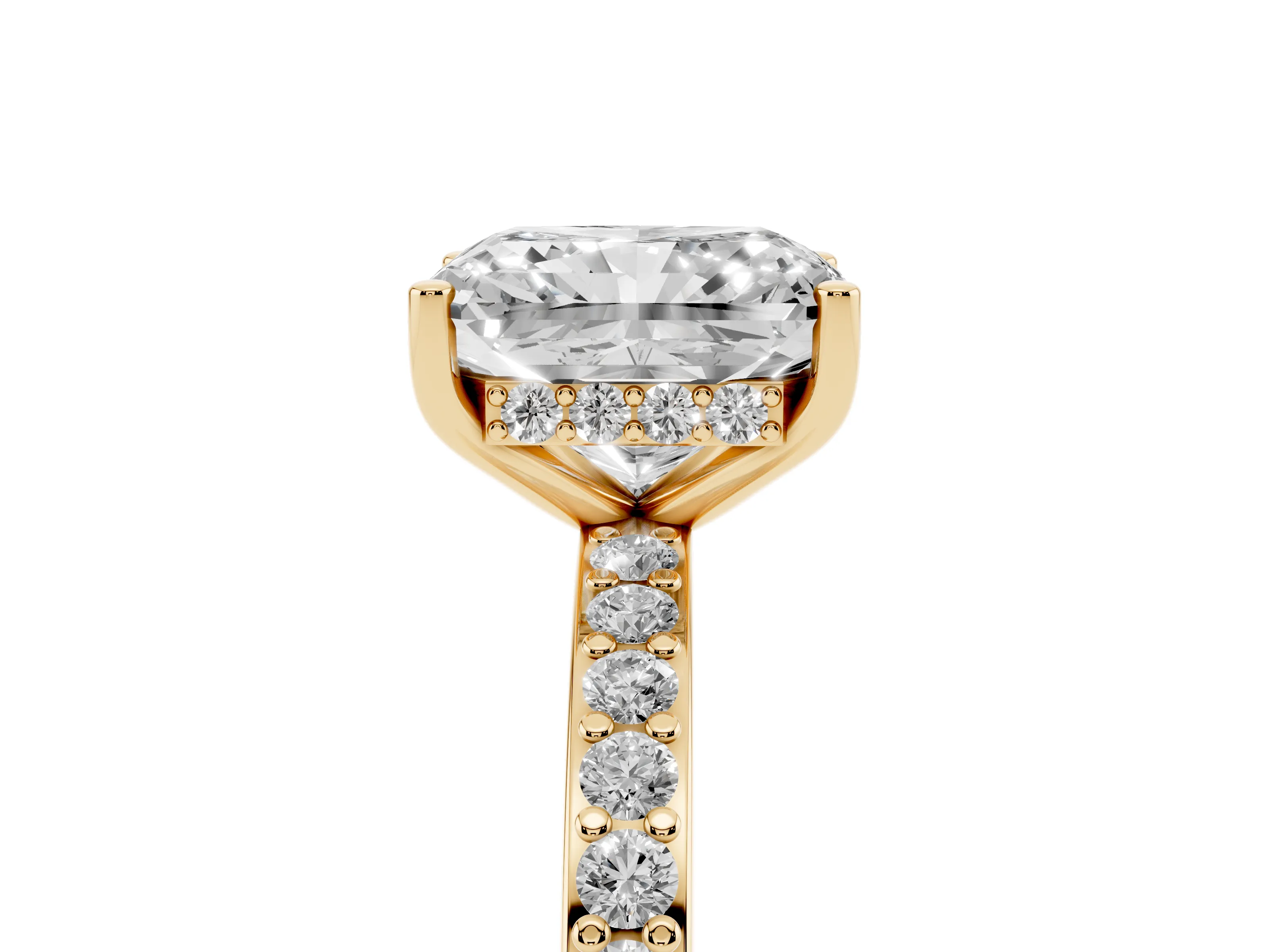Radiant Cut Diamond Pavé Band Ring Set in Yellow gold with Prong-Set Center Stone