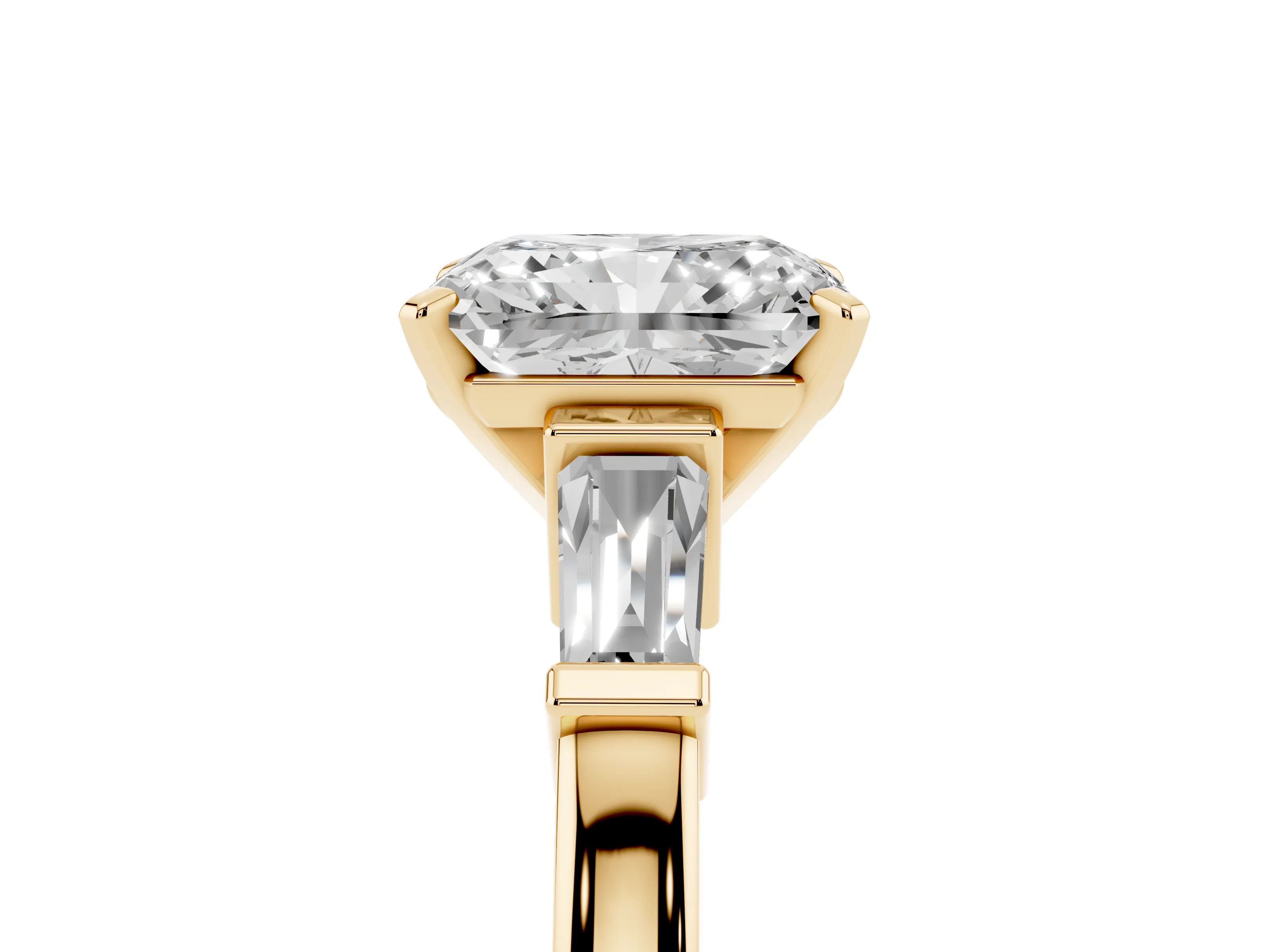 Radiant Cut Diamond Solitaire Ring Set in Yellow gold with Tapered Baguette Accents and Prong Setting