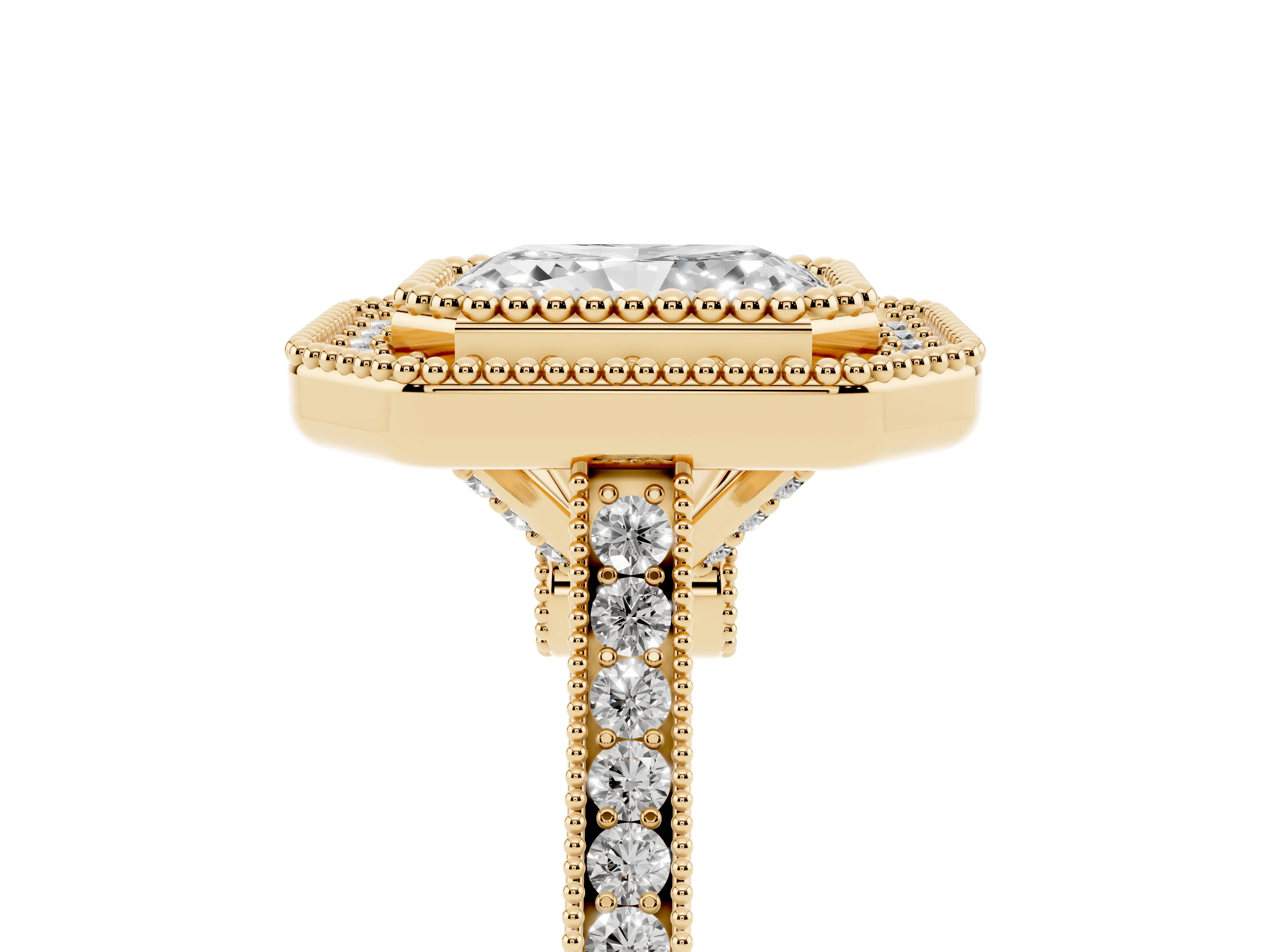 Radiant Cut Diamond Halo Ring Set in Yellow gold with Milgrain Frame and Pavé Band