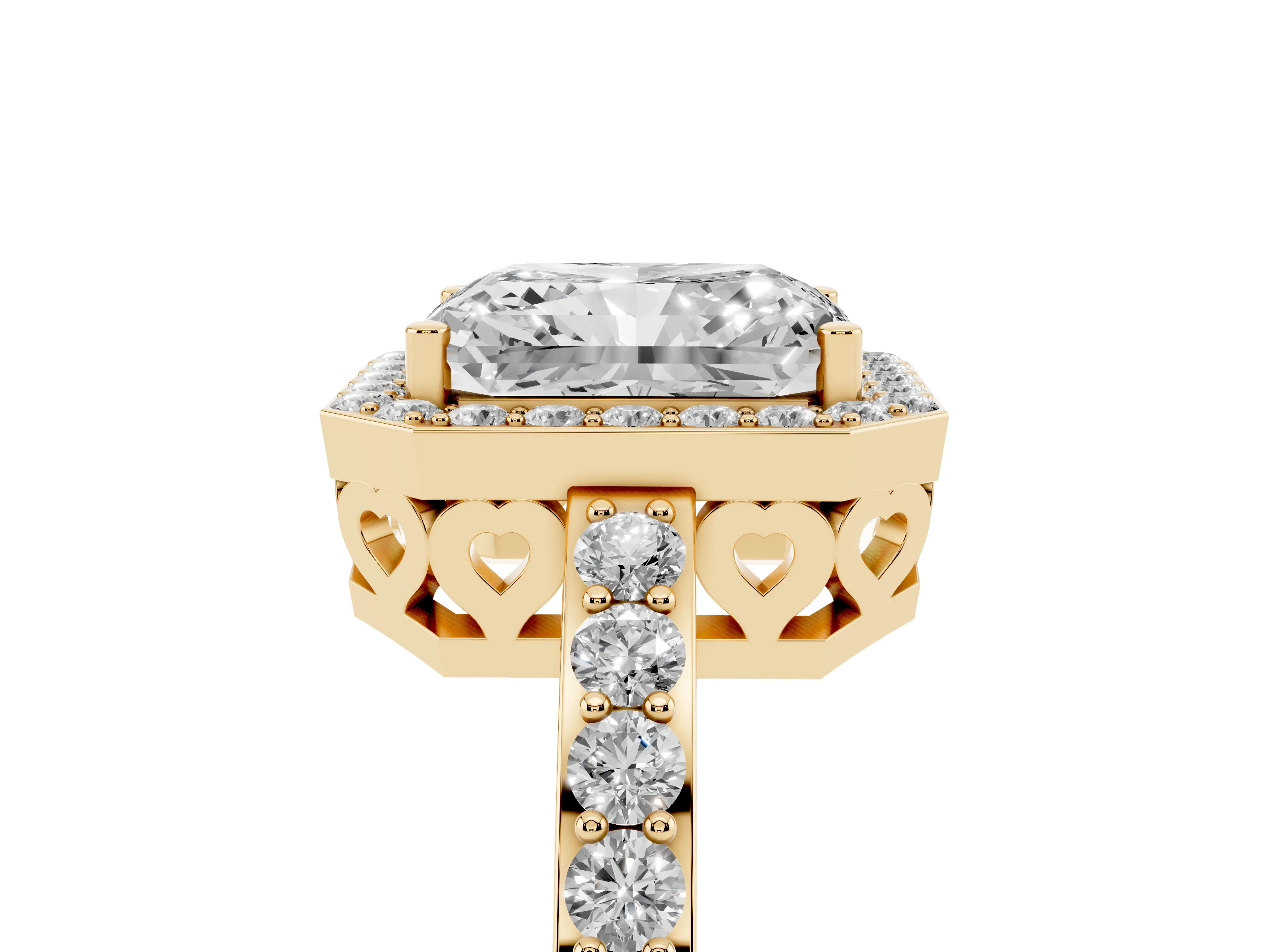Radiant Cut Diamond Halo Ring Set in Yellow gold with Pavé-Setting Band and Open Prong Center