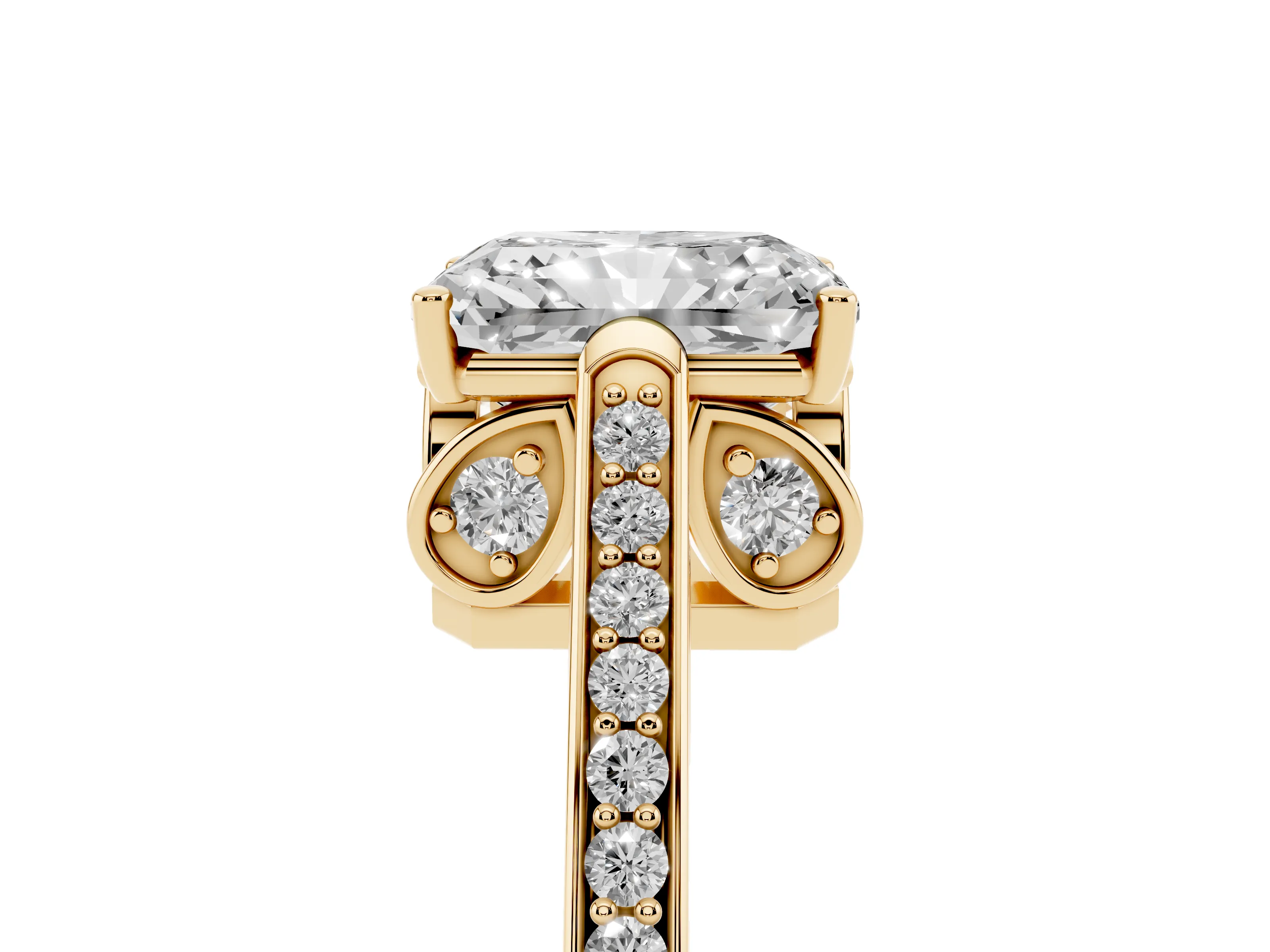 Radiant Cut Diamond Cathedral Pavé Engagement Ring Set in Yellow gold with Prong Setting