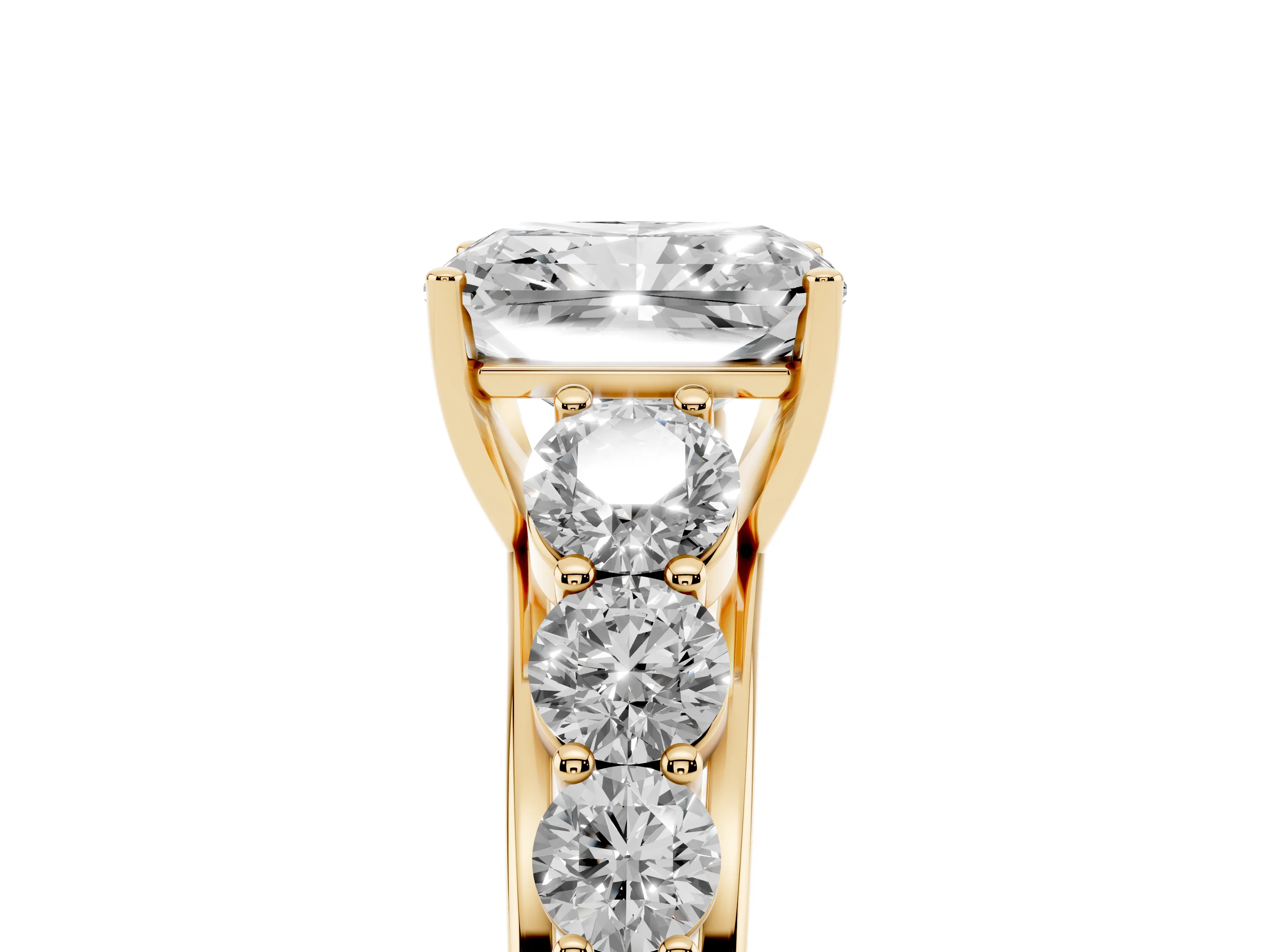 Radiant Cut Diamond Solitaire Ring Set in Yellow gold with Pavé-Set Band and Prong Setting