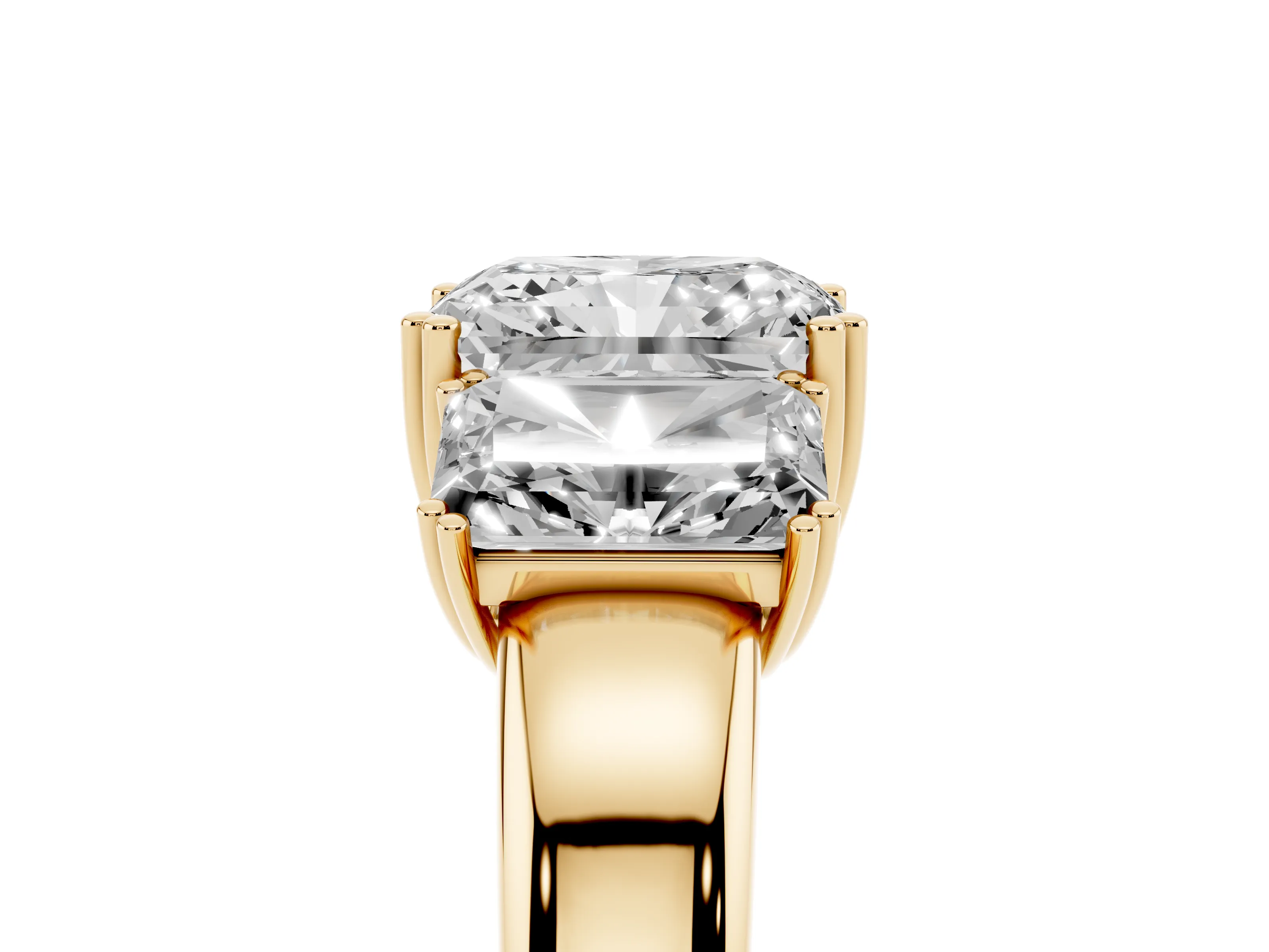 Radiant Cut Diamond Three-Stone Ring Set in Yellow gold with Polished Channel-Set Band