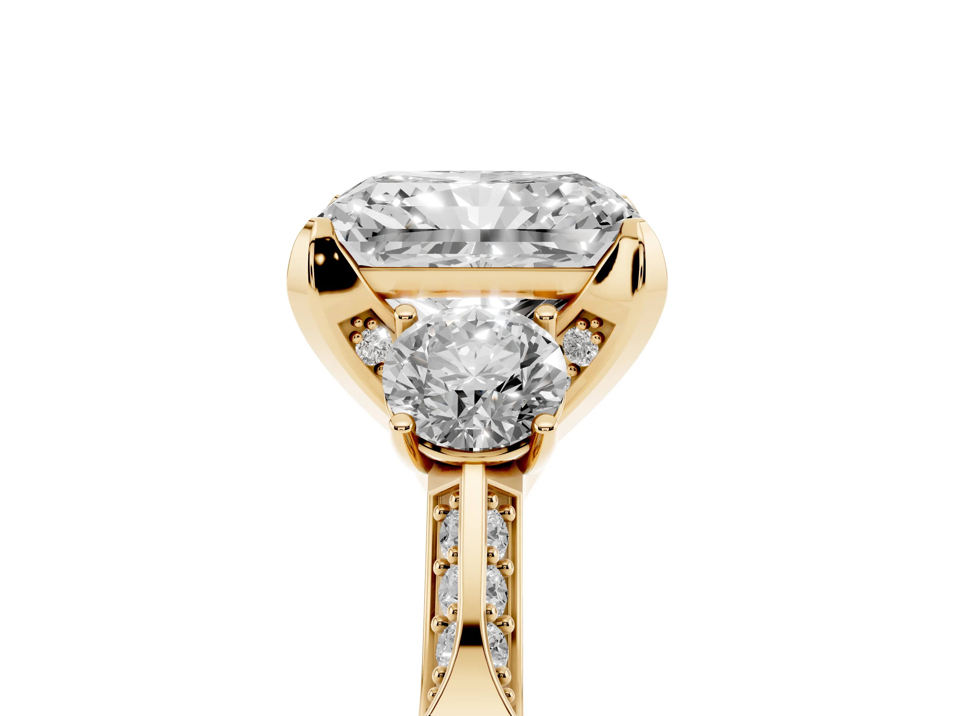 Radiant Cut Diamond Three-Stone Ring Set in Yellow gold with Pavé Band and Smaller Side Stones