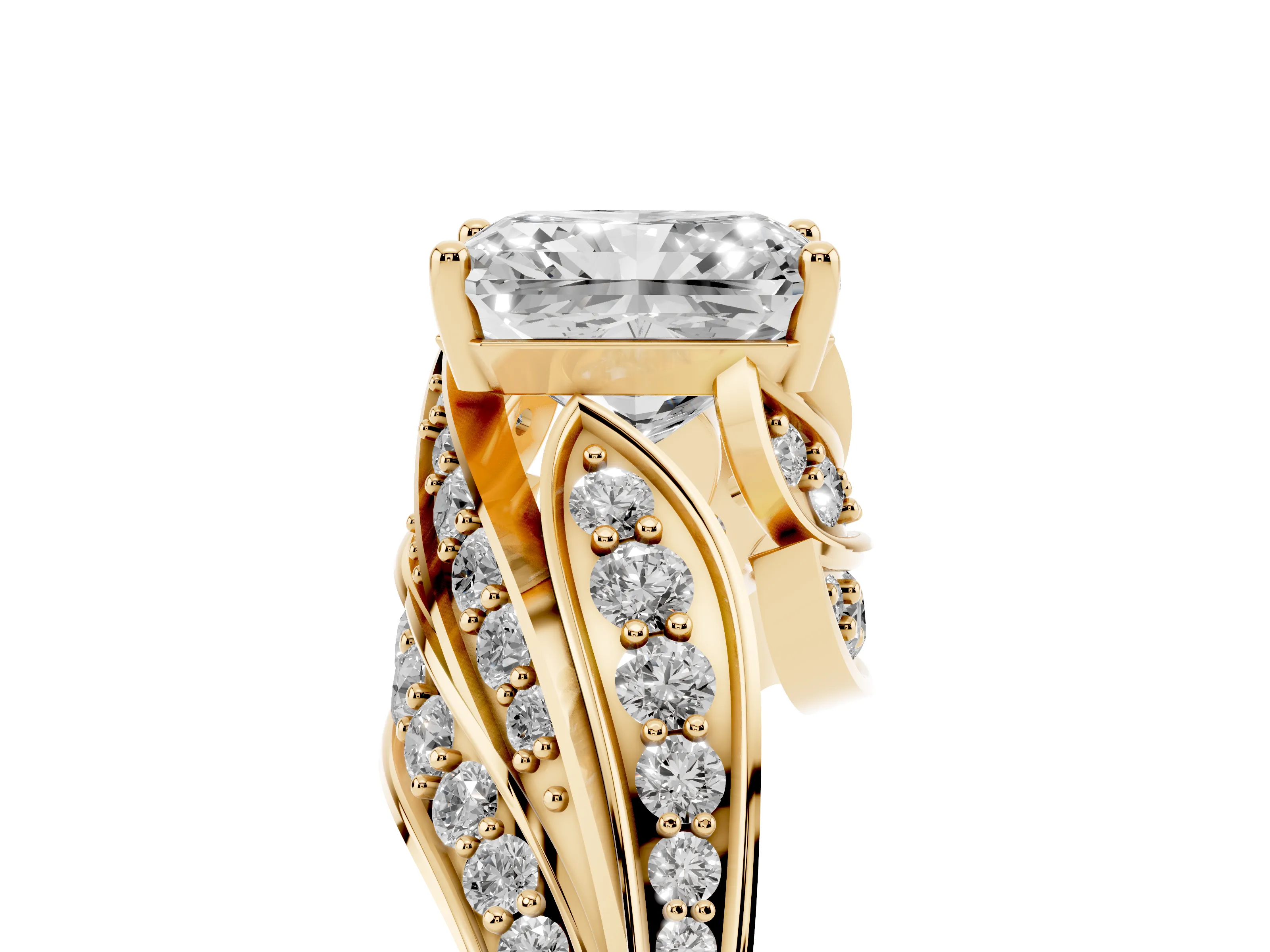 Radiant Cut Diamond Solitaire Ring Set in Yellow gold with Layered Twist Pavé Band