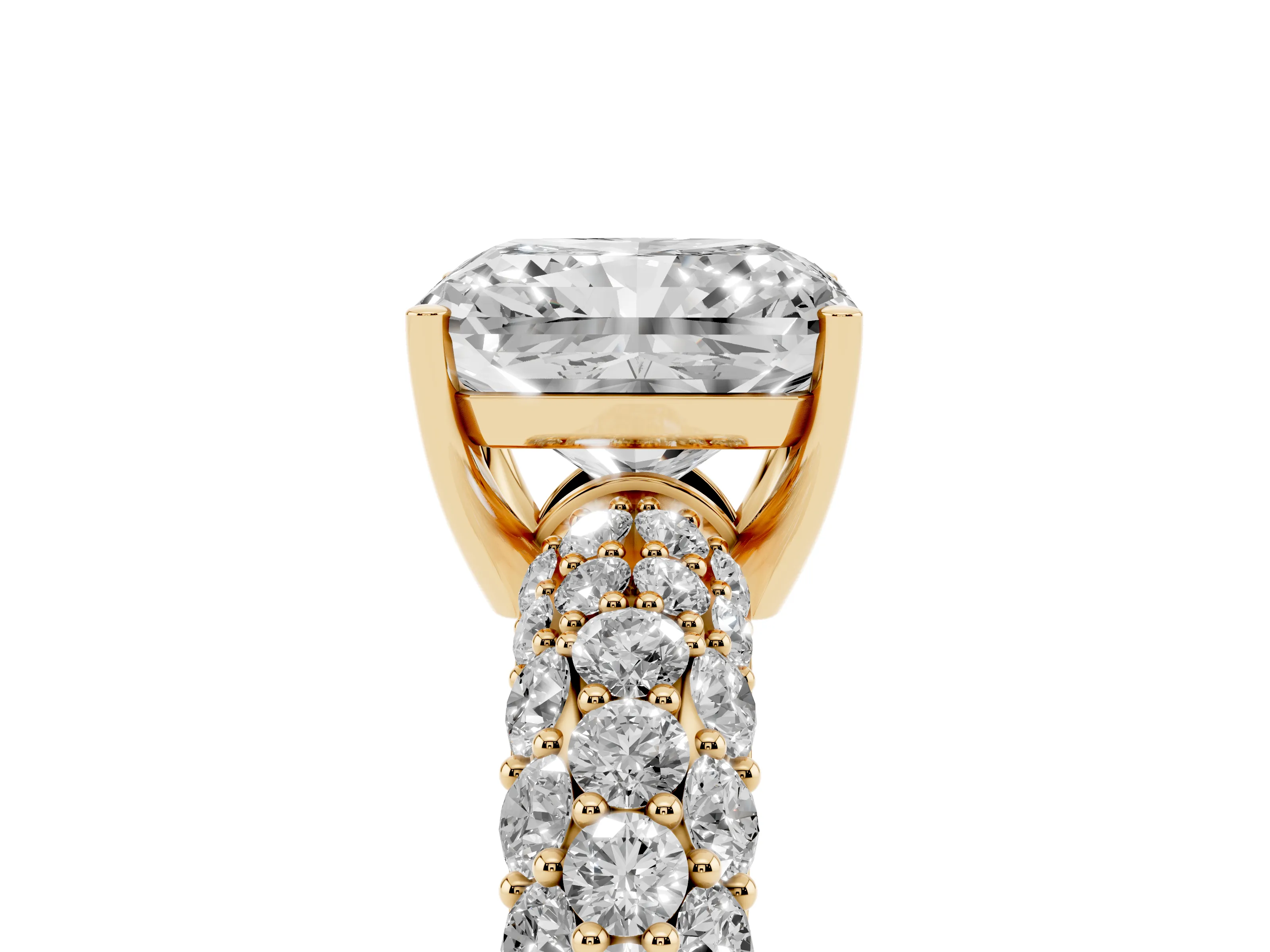 Radiant Cut Diamond Pavé Band Solitaire Ring Set in Yellow gold with Close-Set Accent Stones and Prong Setting